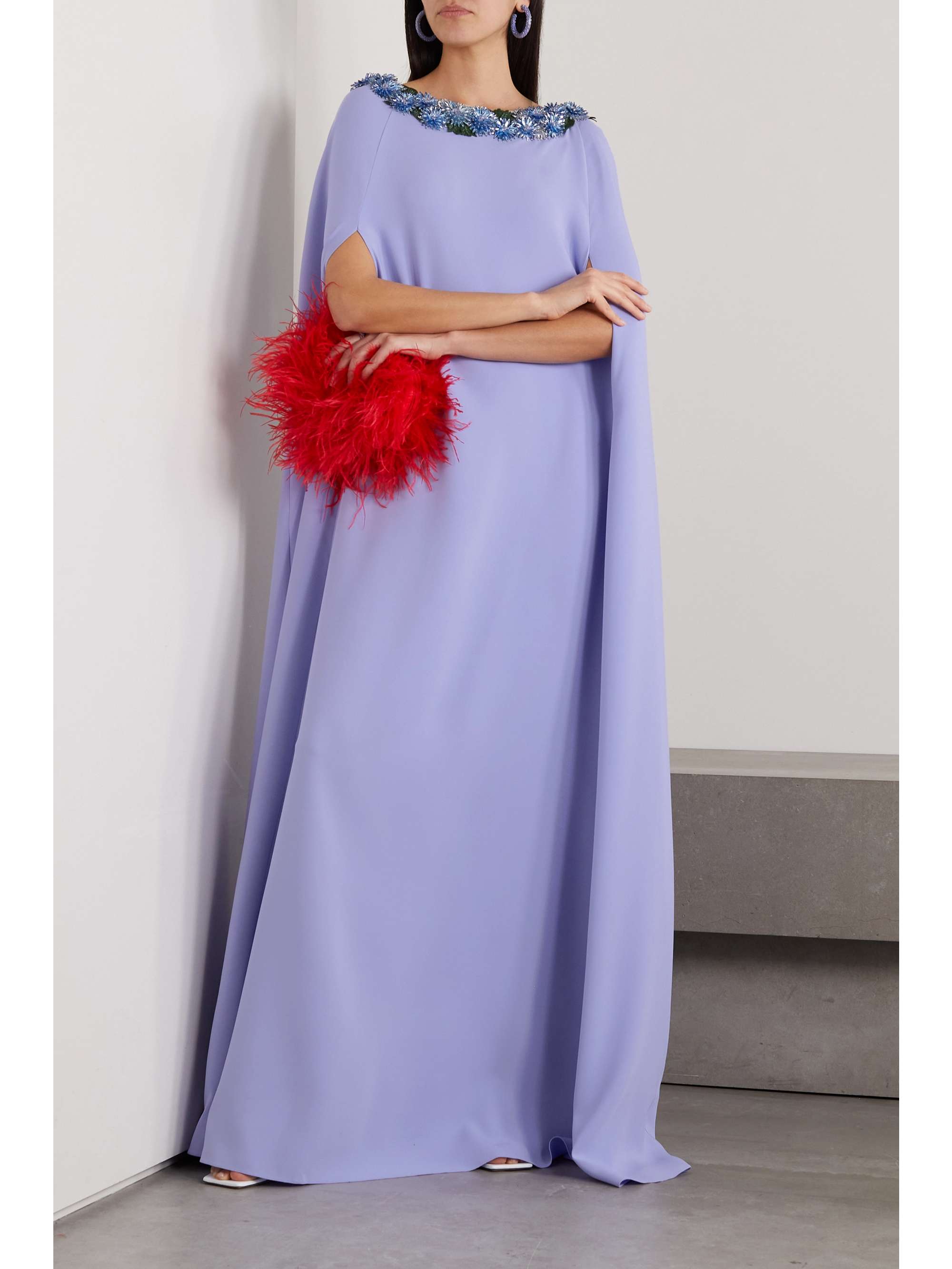 Cape effect crystal embellished stretch silk gown