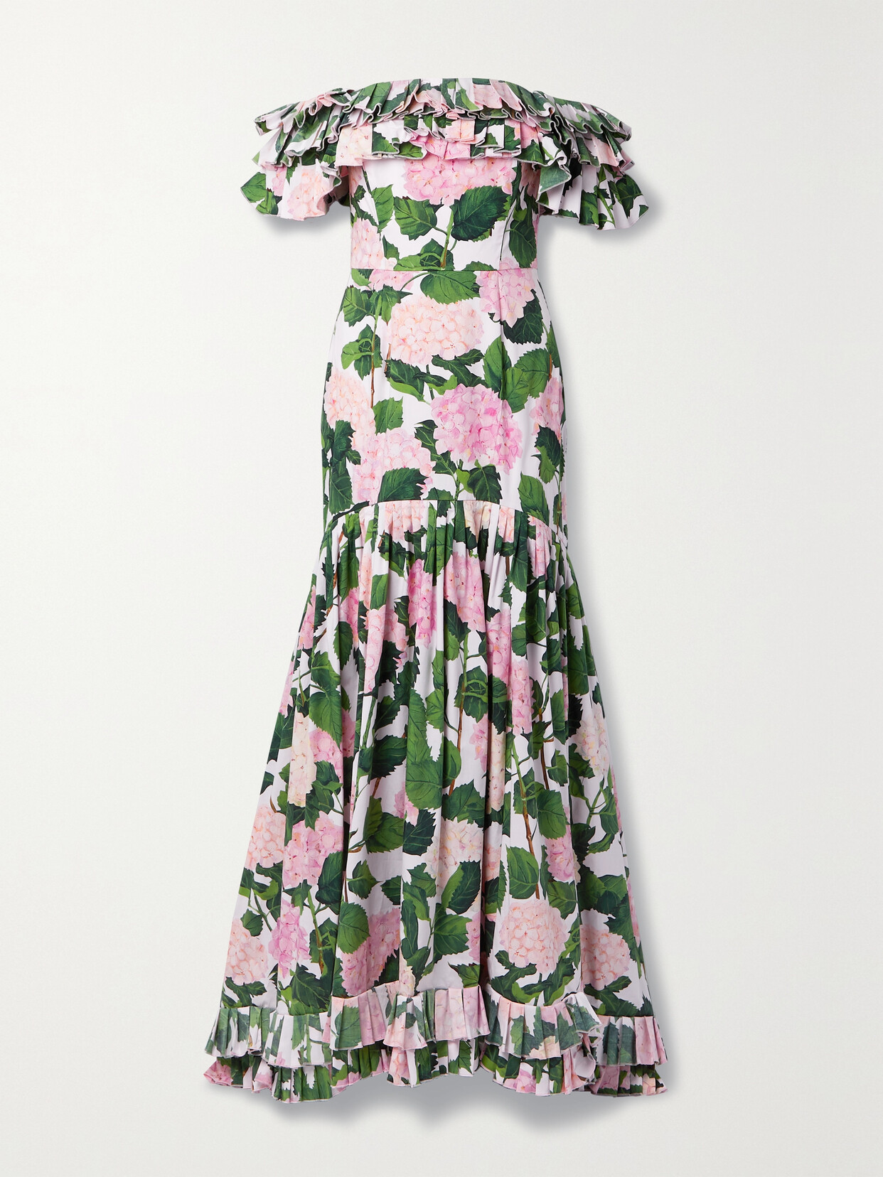 Shop Oscar De La Renta Off-the-shoulder Ruffled Floral-print Cotton-blend Poplin Gown In Pink