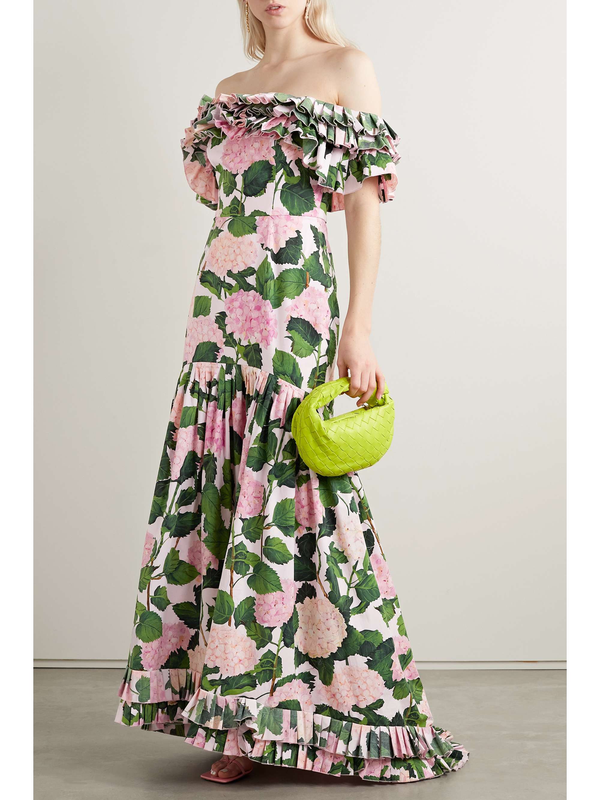 OSCAR DE LA RENTA Off-the-shoulder ruffled floral-print cotton-blend poplin gown