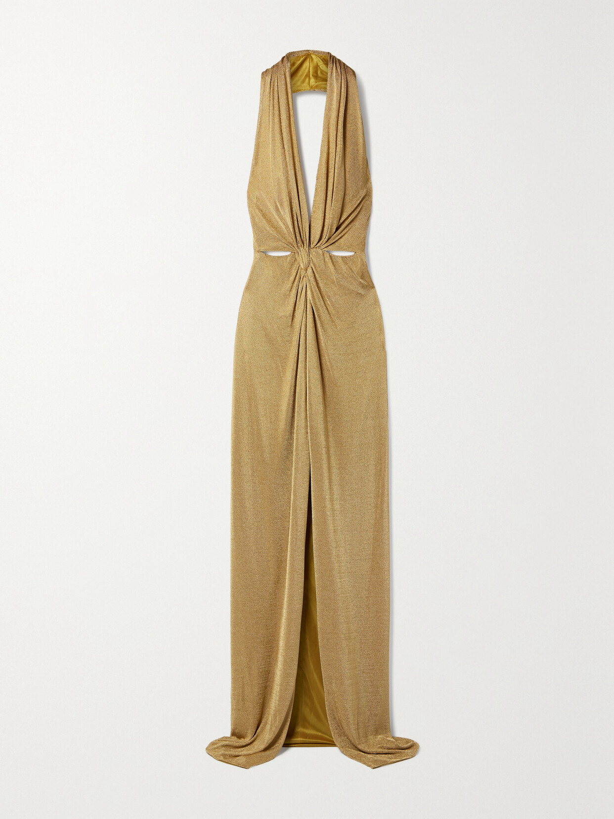 Costarellos - Nara Twist-front Metallic Stretch-knit Halterneck Gown - Gold