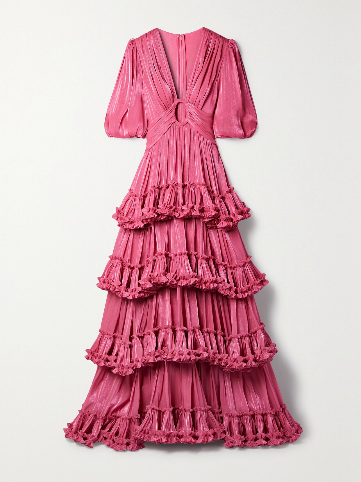 Costarellos - Cutout Ruffled Tiered Metallic Plissé-georgette Gown - Pink