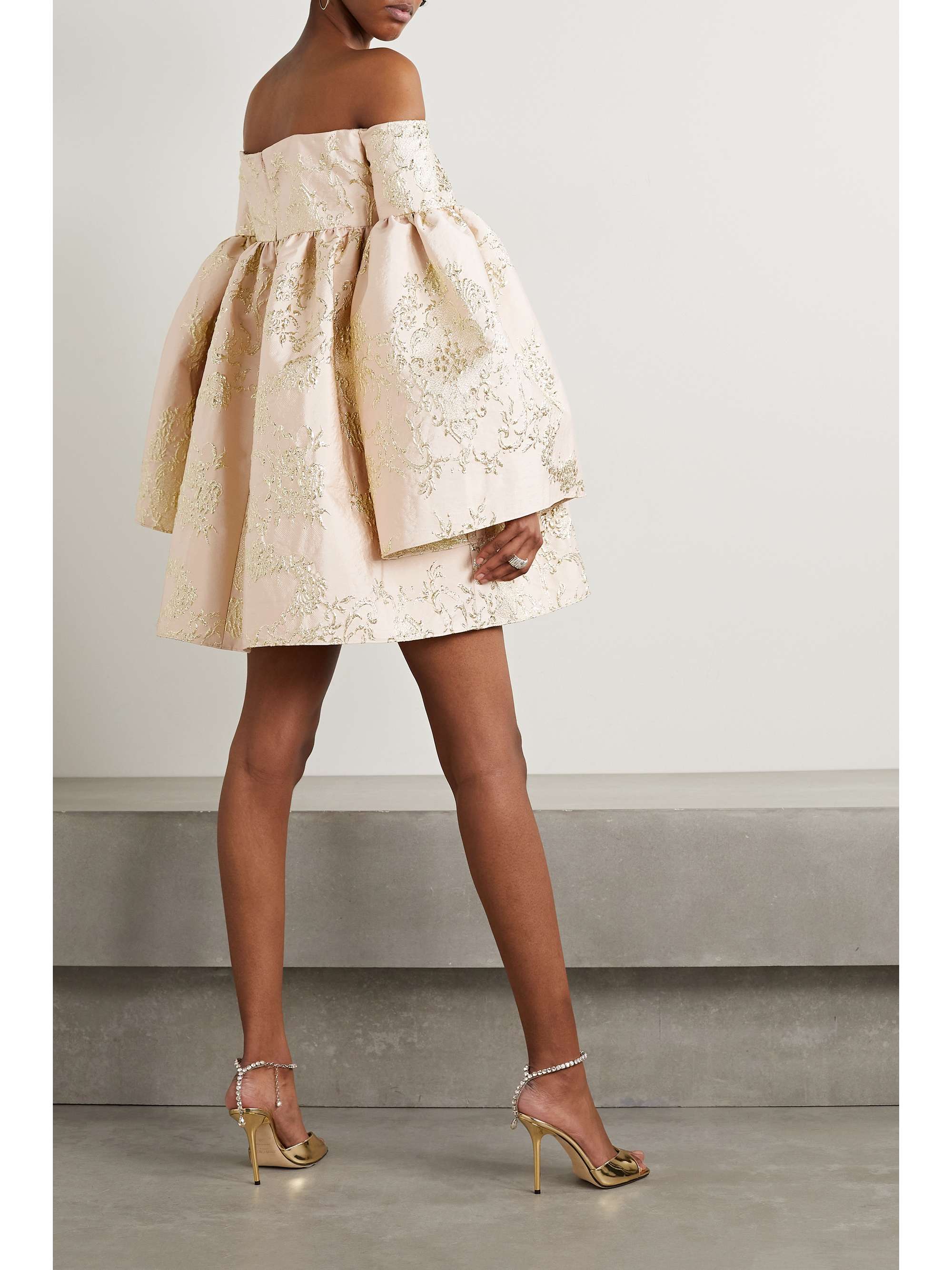 REEM ACRA メタリックフィルクーペ ミニワンピース オフショルダー