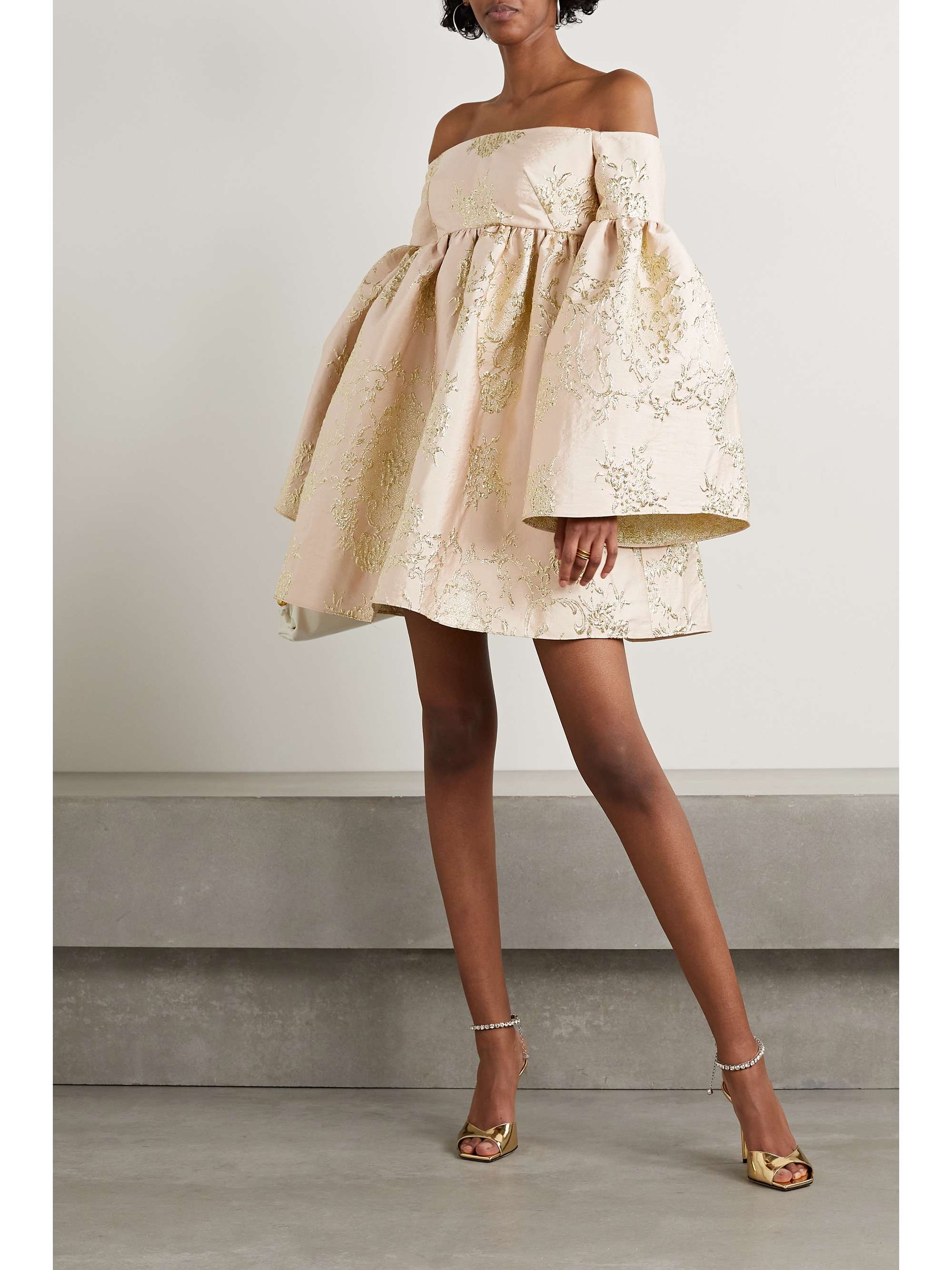 REEM ACRA メタリックフィルクーペ ミニワンピース オフショルダー