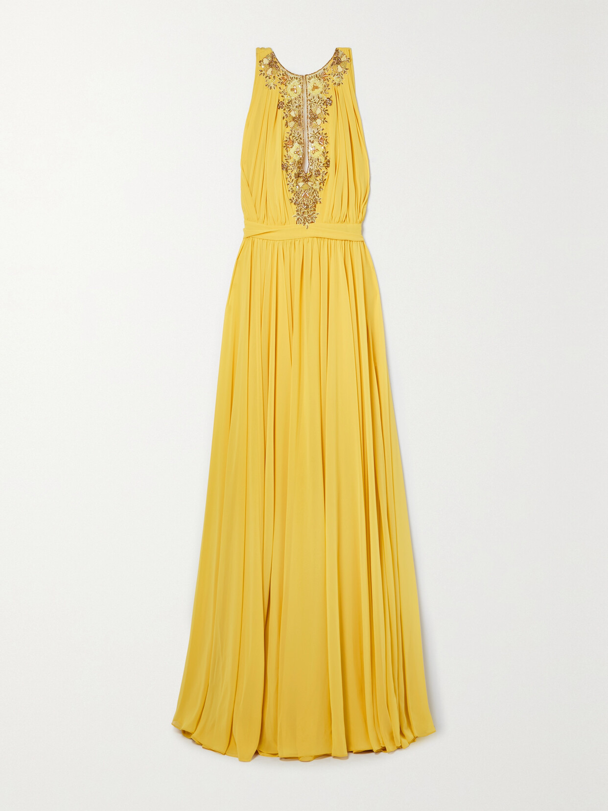 Reem Acra - Embellished Embroidered Tulle-trimmed Gathered Chiffon Gown - Yellow