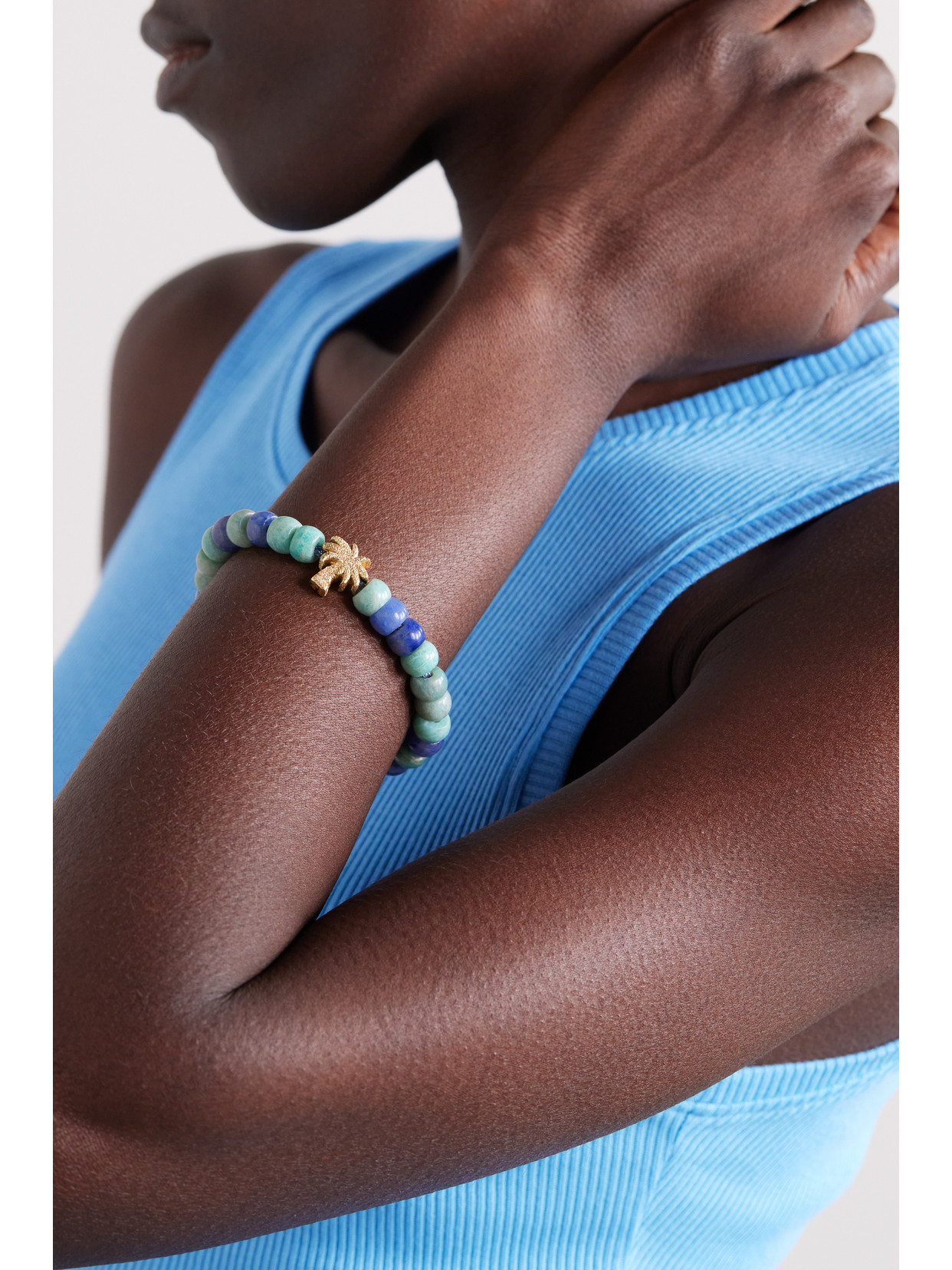 CAROLINA BUCCI PALMA FORTE BEADS 18-KARAT GOLD AND LUREX AMAZONITE AND AGATE BRACELET