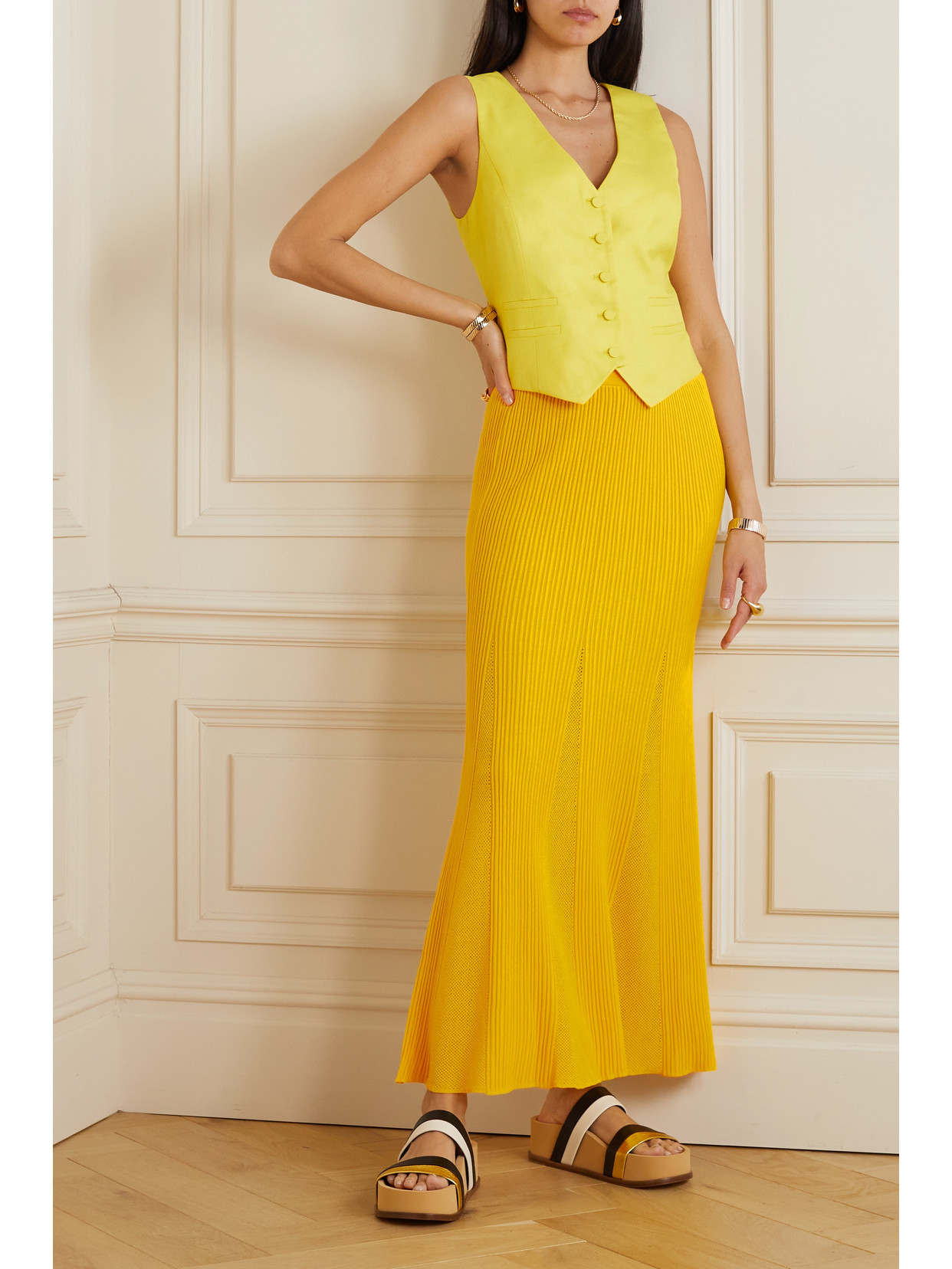 Shop Gabriela Hearst Eula Ribbed And Pointelle-knit Merino Wool Maxi Skirt In Yellow