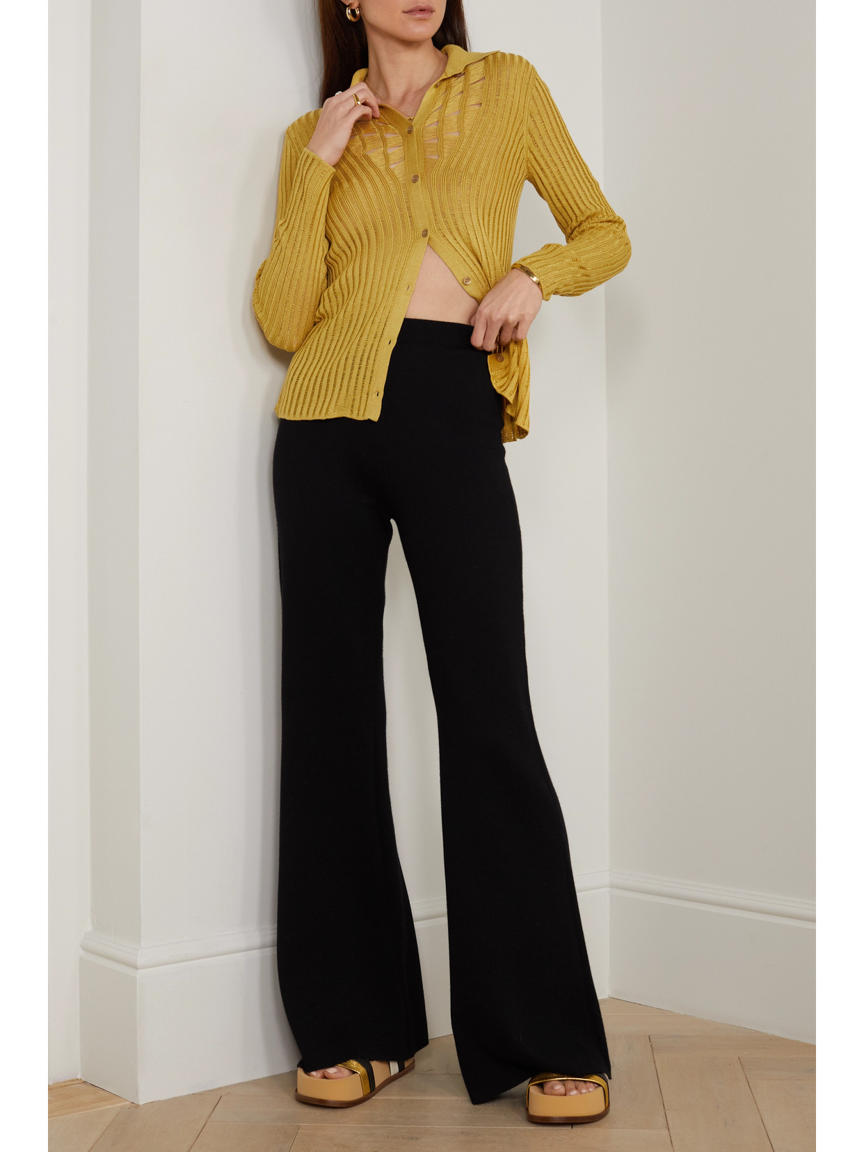 Shop Gabriela Hearst Aera Ribbed Open-knit Silk Shirt In Gold