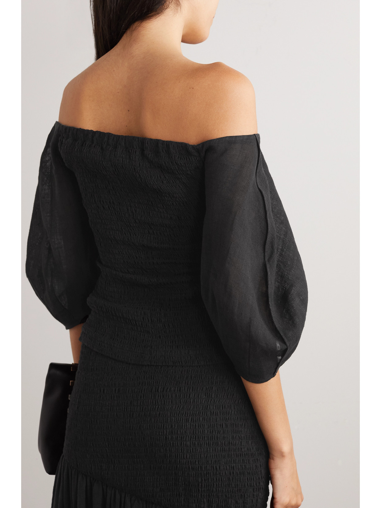 Lyre Off-The-Shoulder Shirred Linen-Gauze Top