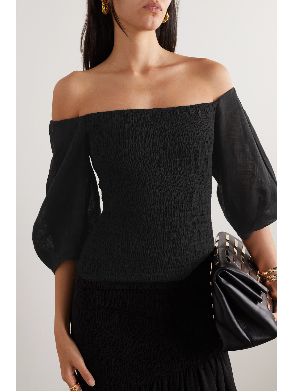 Lyre Off-The-Shoulder Shirred Linen-Gauze Top