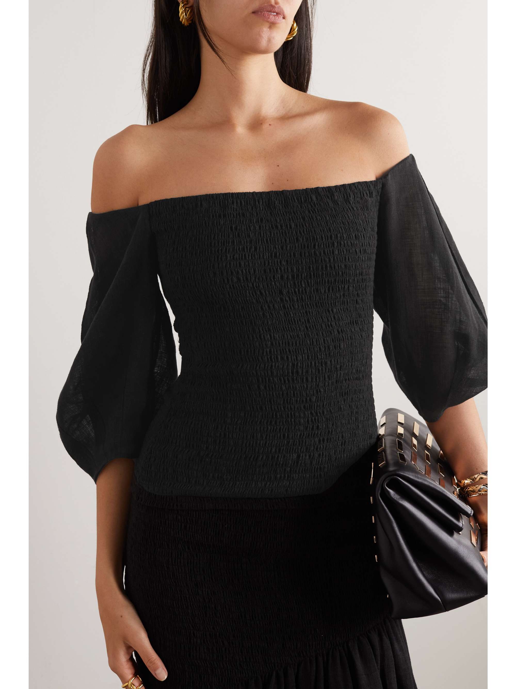 GABRIELA HEARST Lyre off-the-shoulder shirred linen-gauze top