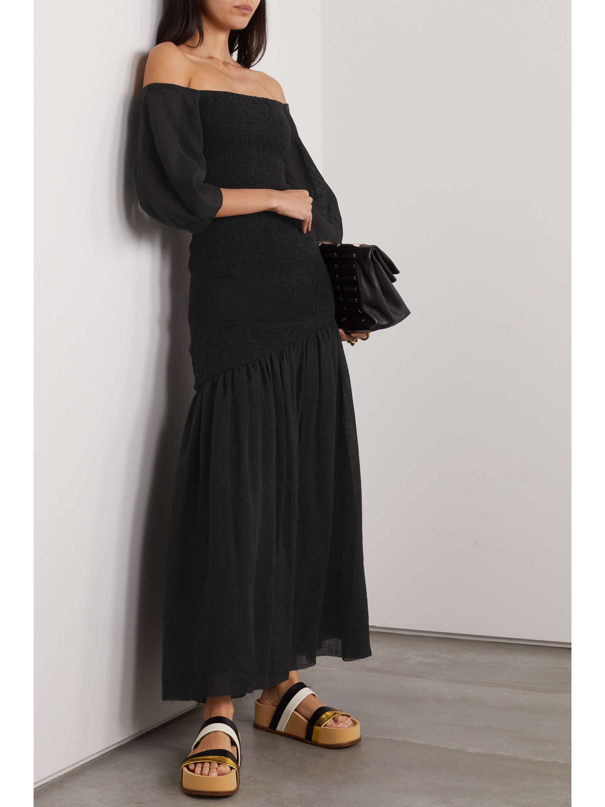 GABRIELA HEARST Lyre off-the-shoulder shirred linen-gauze top