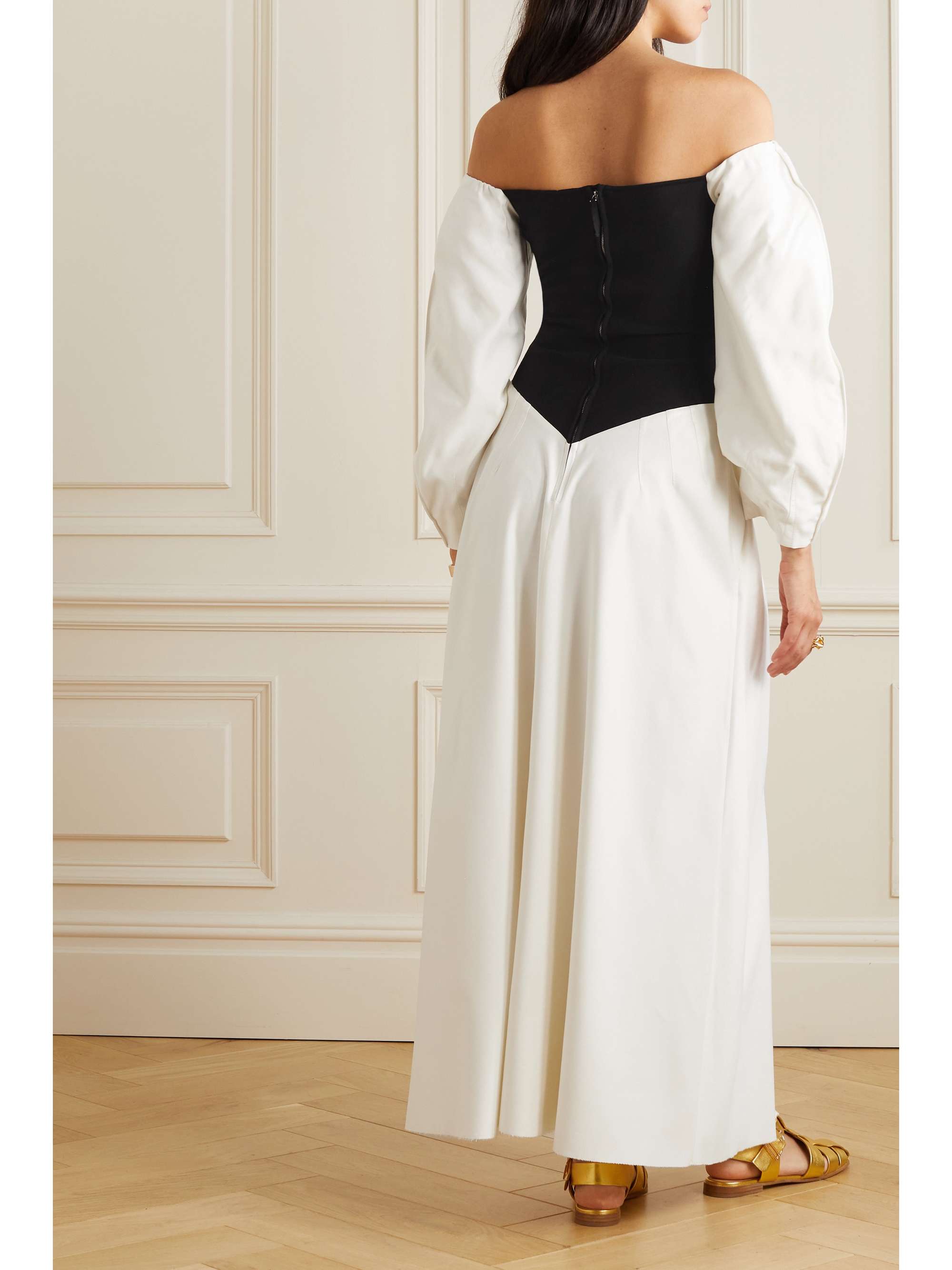 GABRIELA HEARST Lani off-the-shoulder frayed silk-twill and merino wool maxi dress