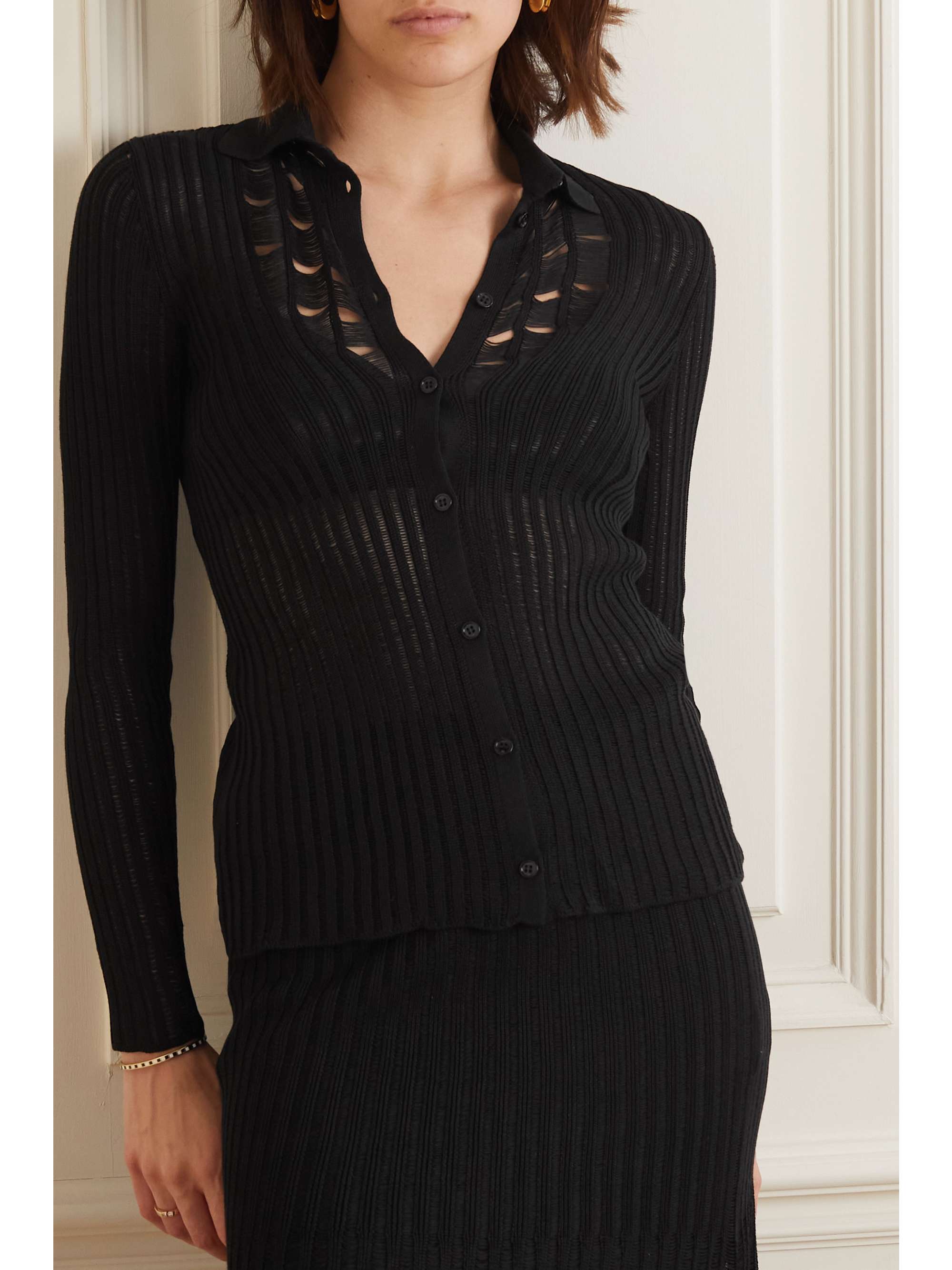 GABRIELA HEARST リブニット オープンニットシルク シャツ