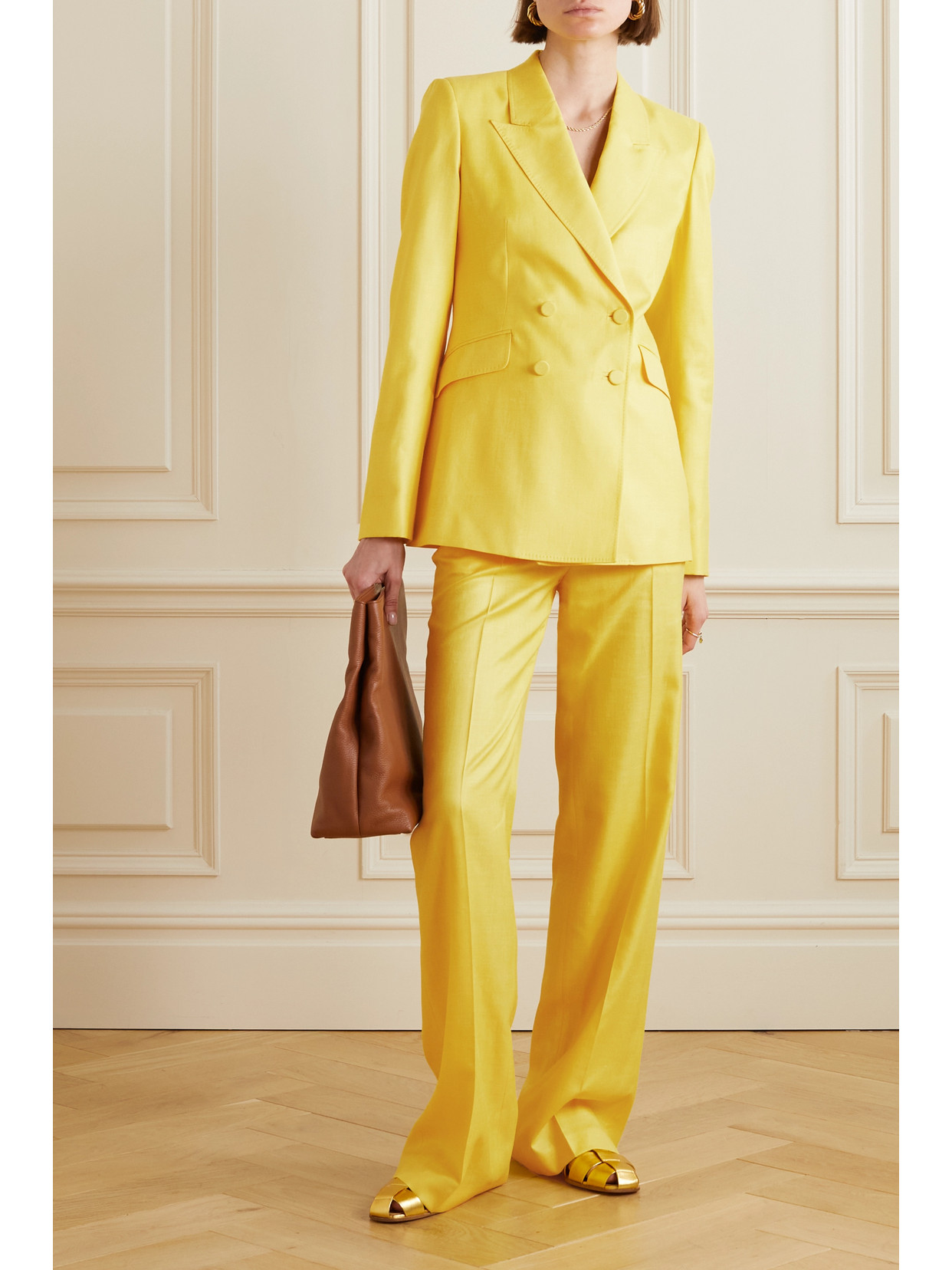 Shop Gabriela Hearst Stephanie Double-breasted Wool, Silk And Linen-blend Twill Blazer In Yellow