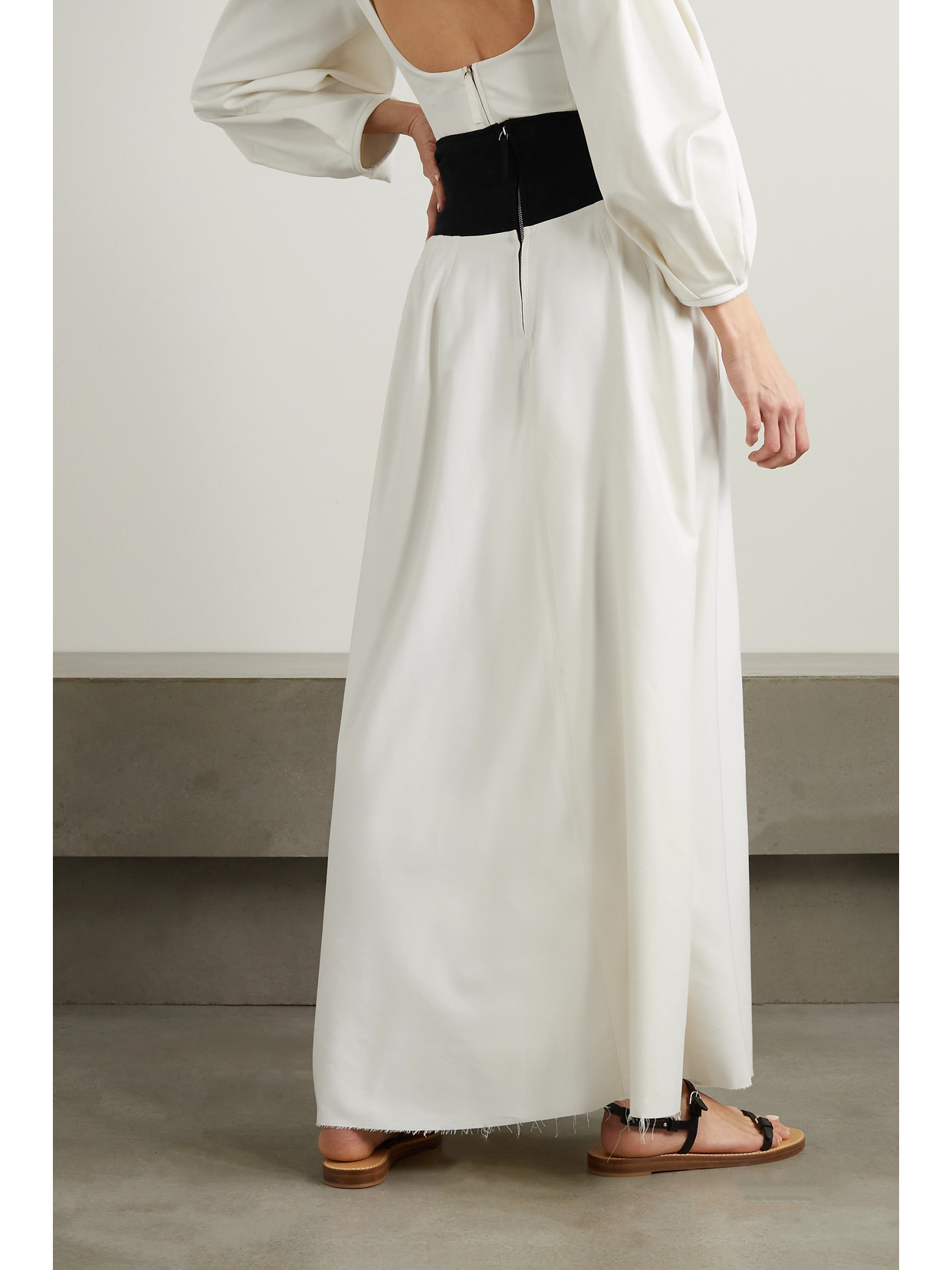 Shop Gabriela Hearst Mel Paneled Frayed Silk-twill And Merino Wool Maxi Skirt In Ivory