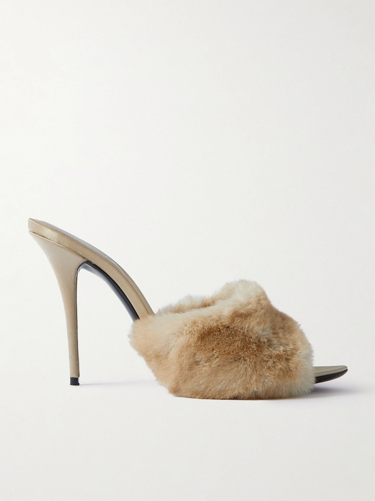 SAINT LAURENT Faux-fur-trimmed Satin Mules - Neutrals