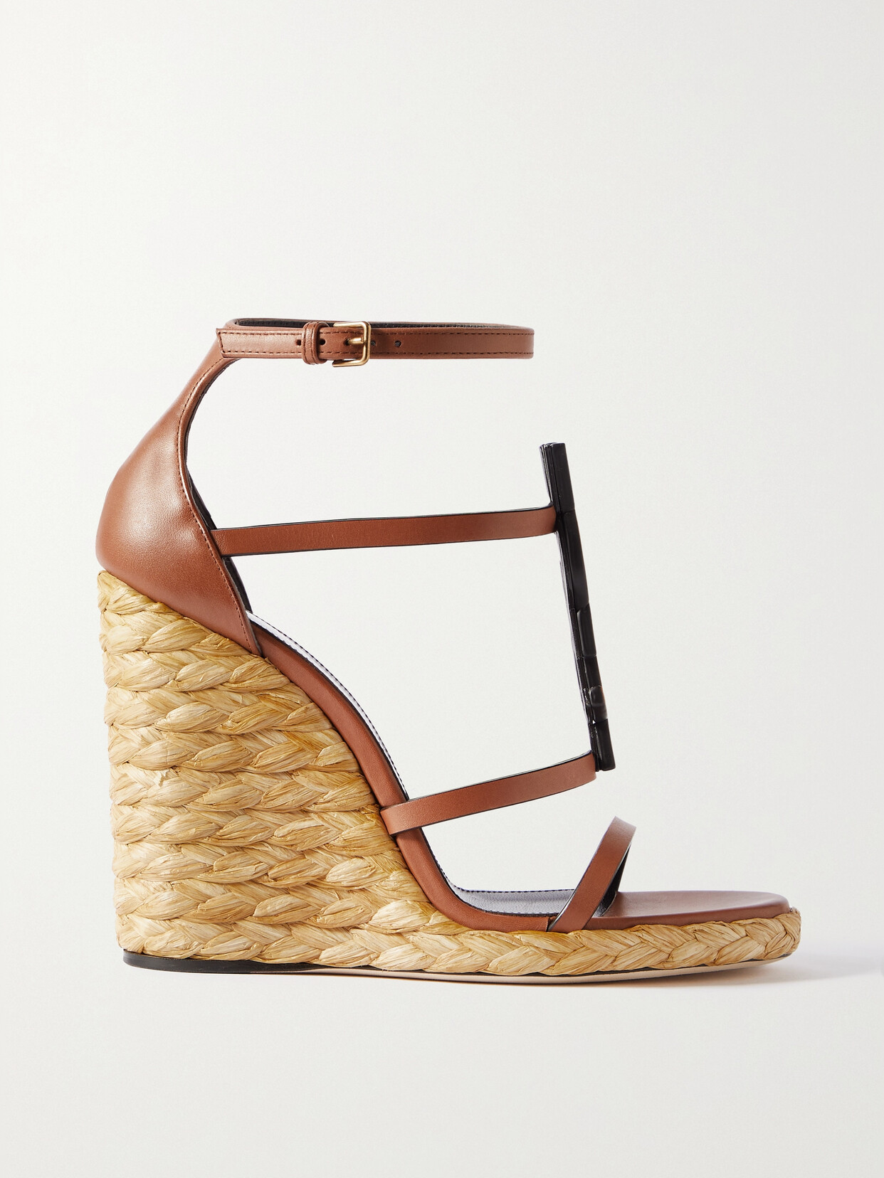 Saint Laurent Cassandra Leather Wedge Sandals In Brown