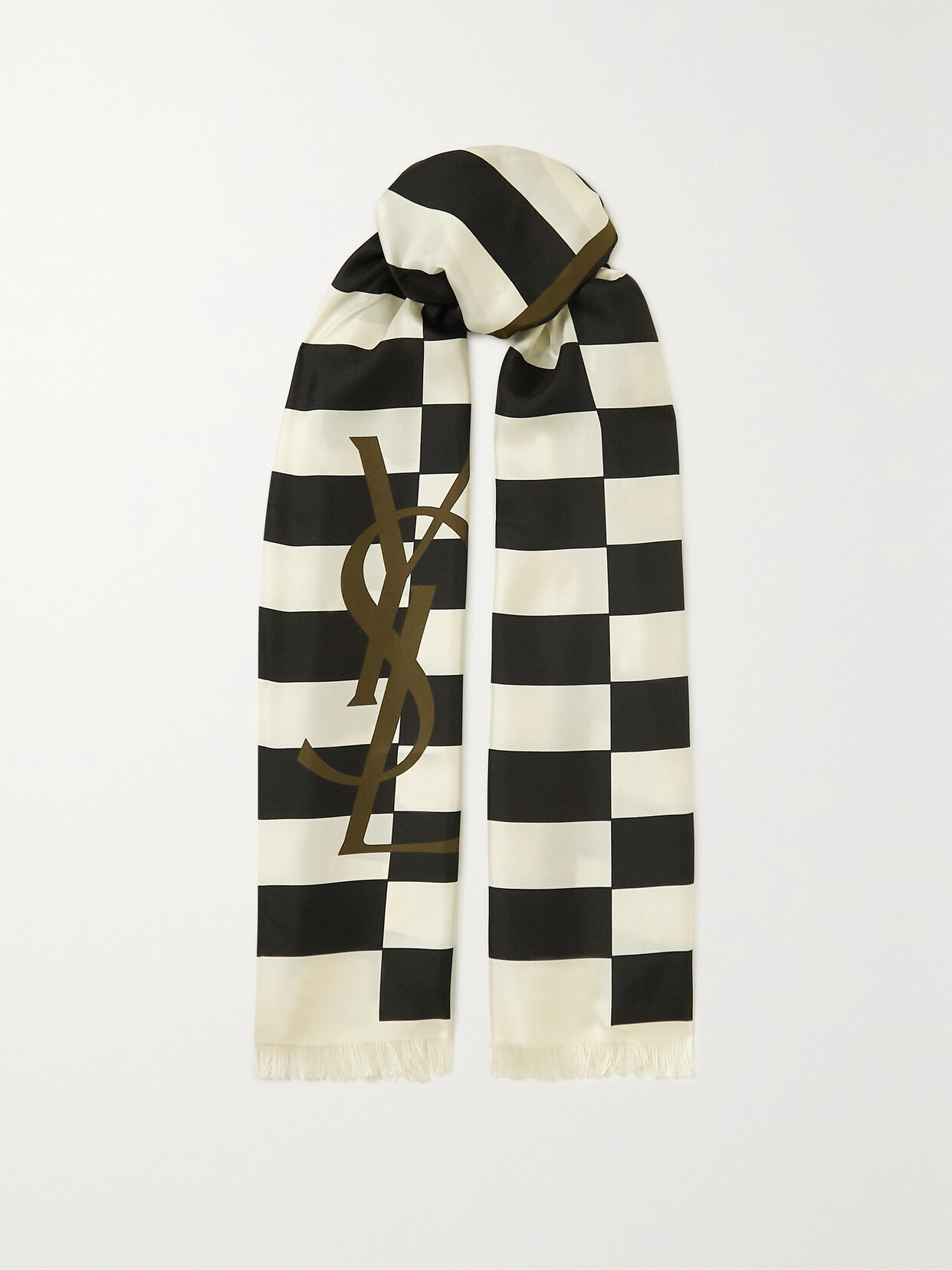 Saint Laurent Logo Striped Silk Scarf In Brown,multi