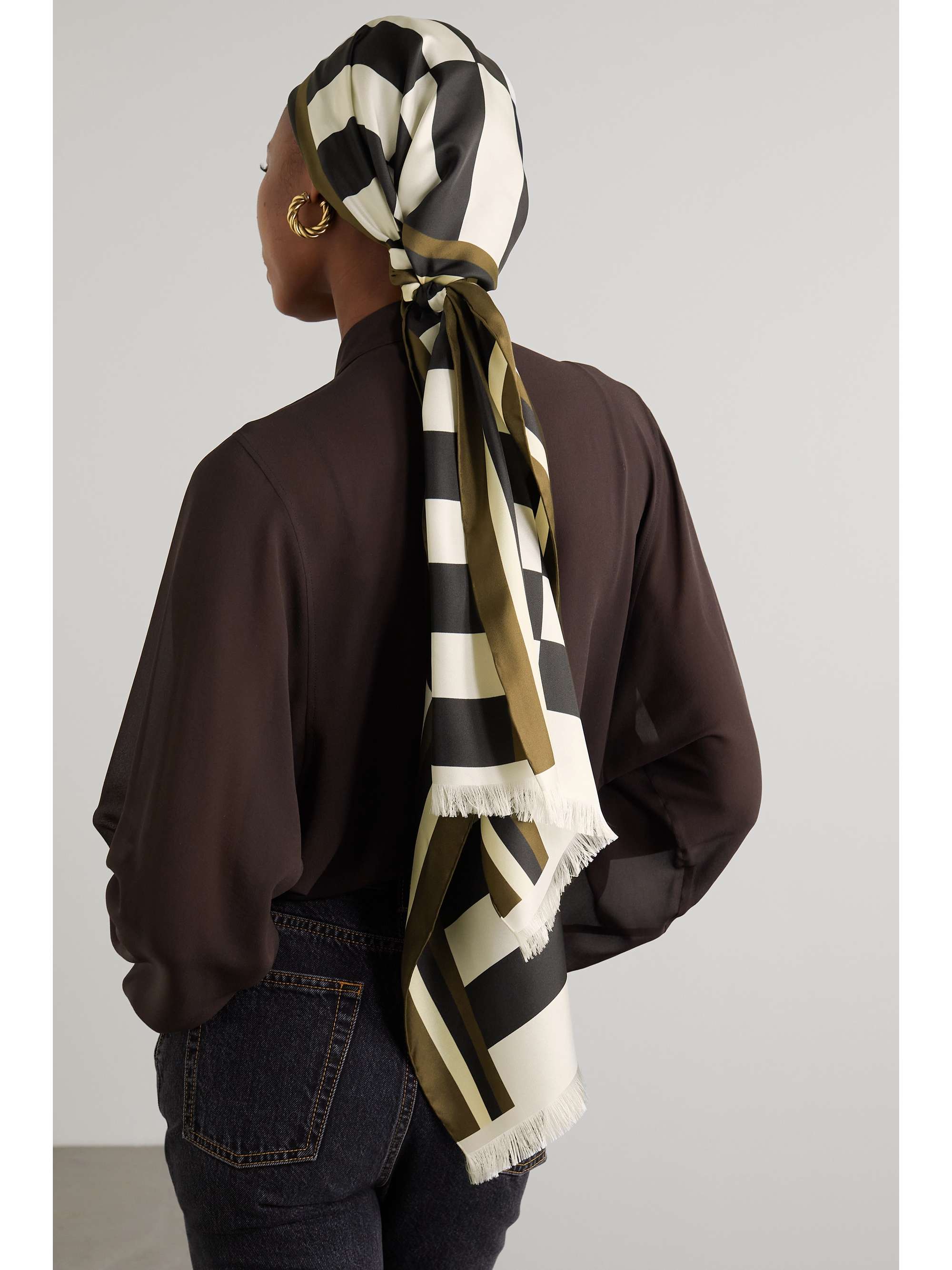 Frayed striped silk-twill scarf