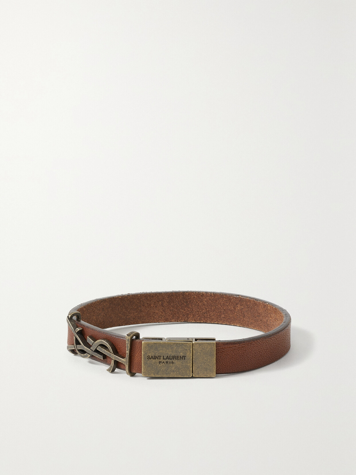 Saint Laurent Cassandre Leather And Gold-tone Bracelet In Brown