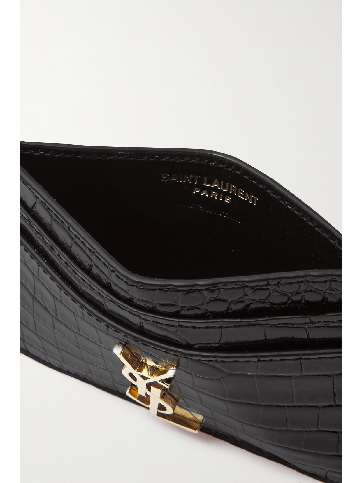 Saint Laurent Embellished Croc-effect Leather Cardholder In Black