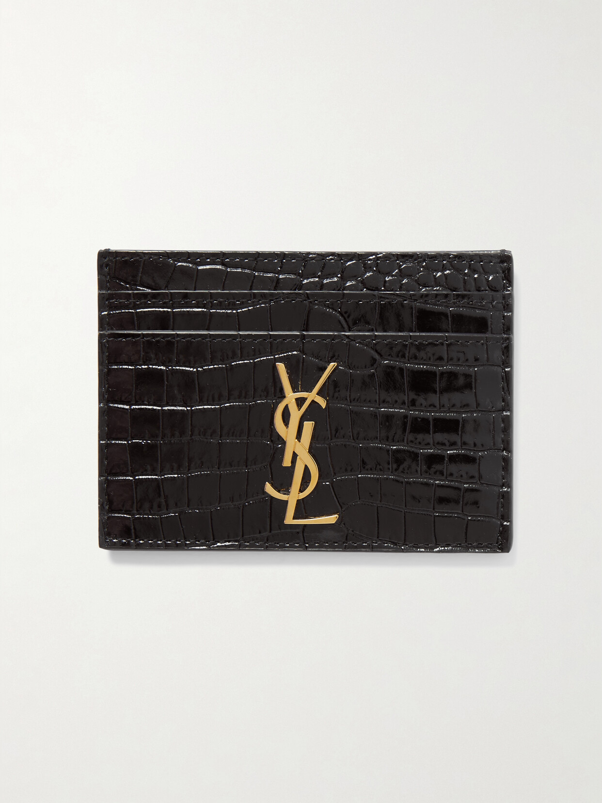 Saint Laurent Embellished Croc-effect Leather Cardholder In Black