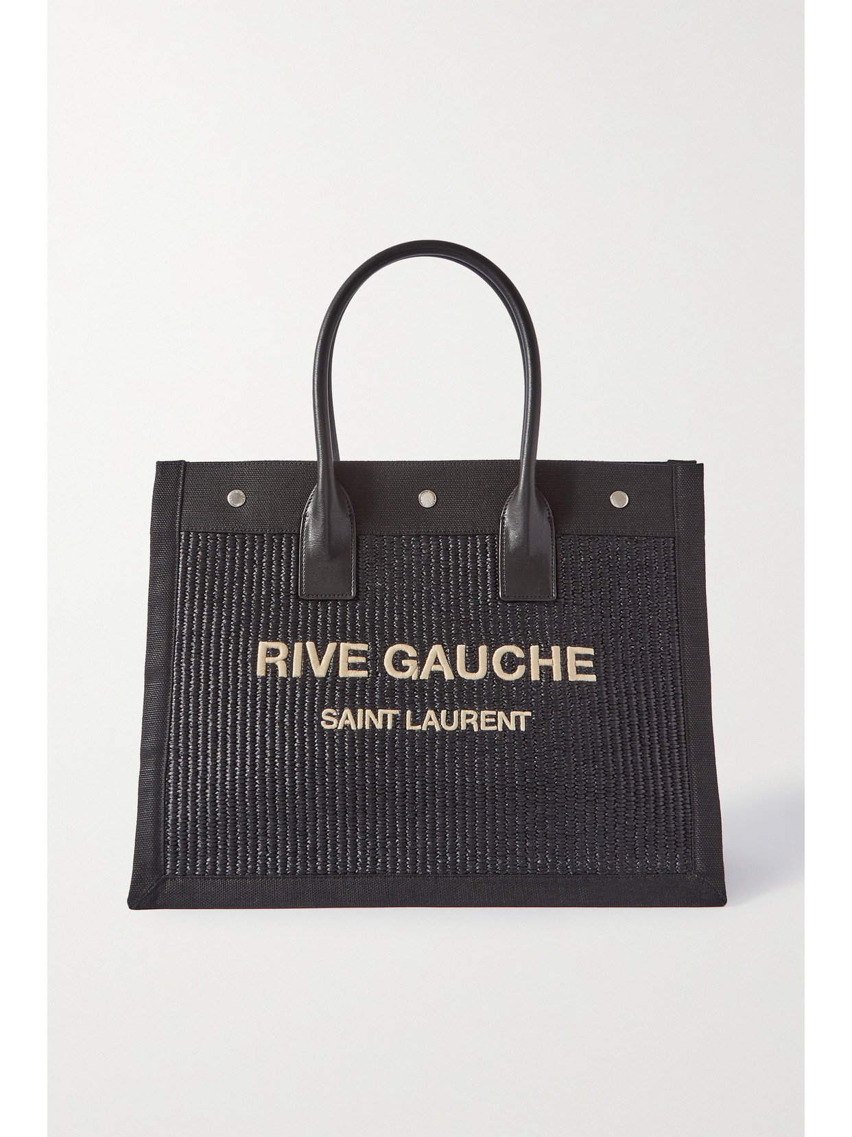 SAINT LAURENT - Rive Gauche Small Leather And Canvas-trimmed Embroidered Raffia Tote - Black