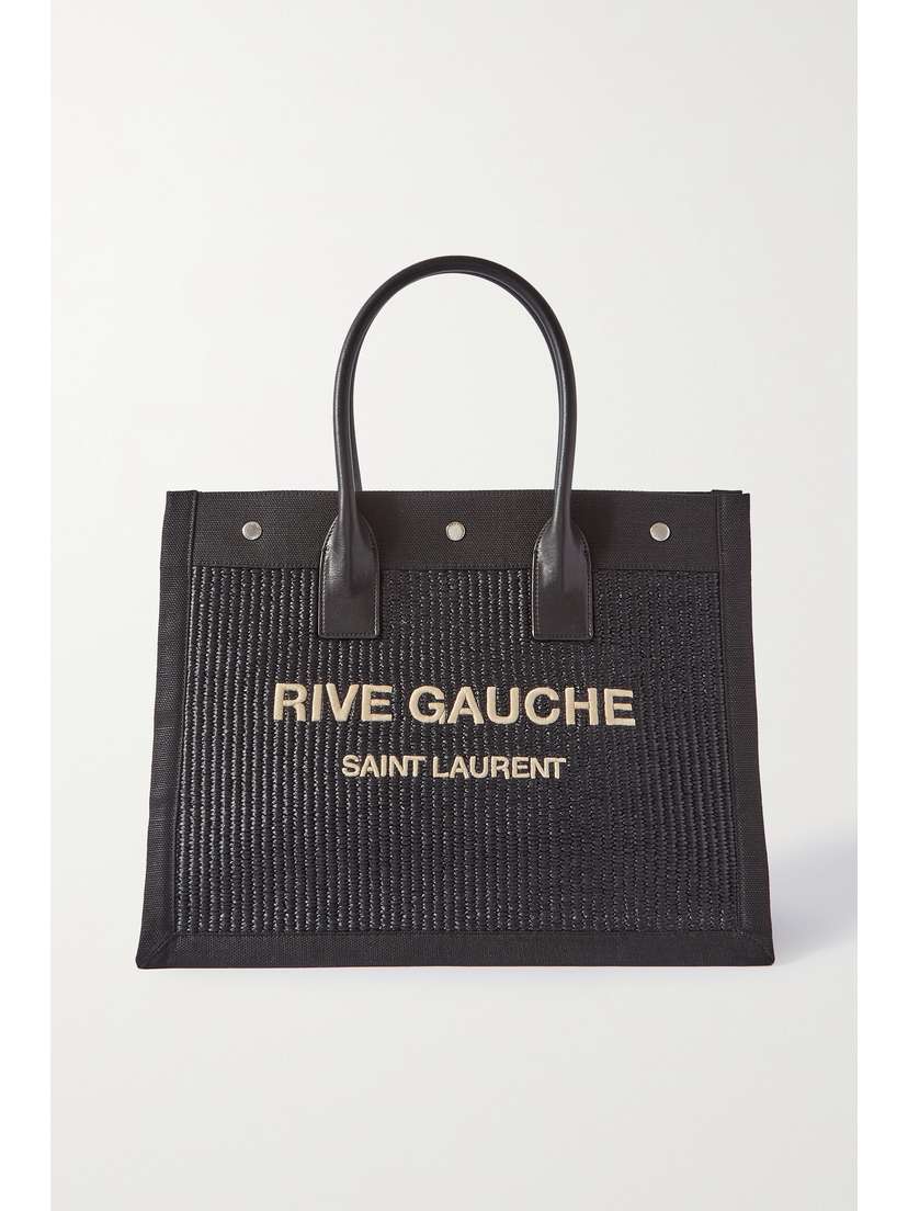 Saint Laurent Rive Gauche Small Leather And Canvas-trimmed Embroidered Raffia Tote