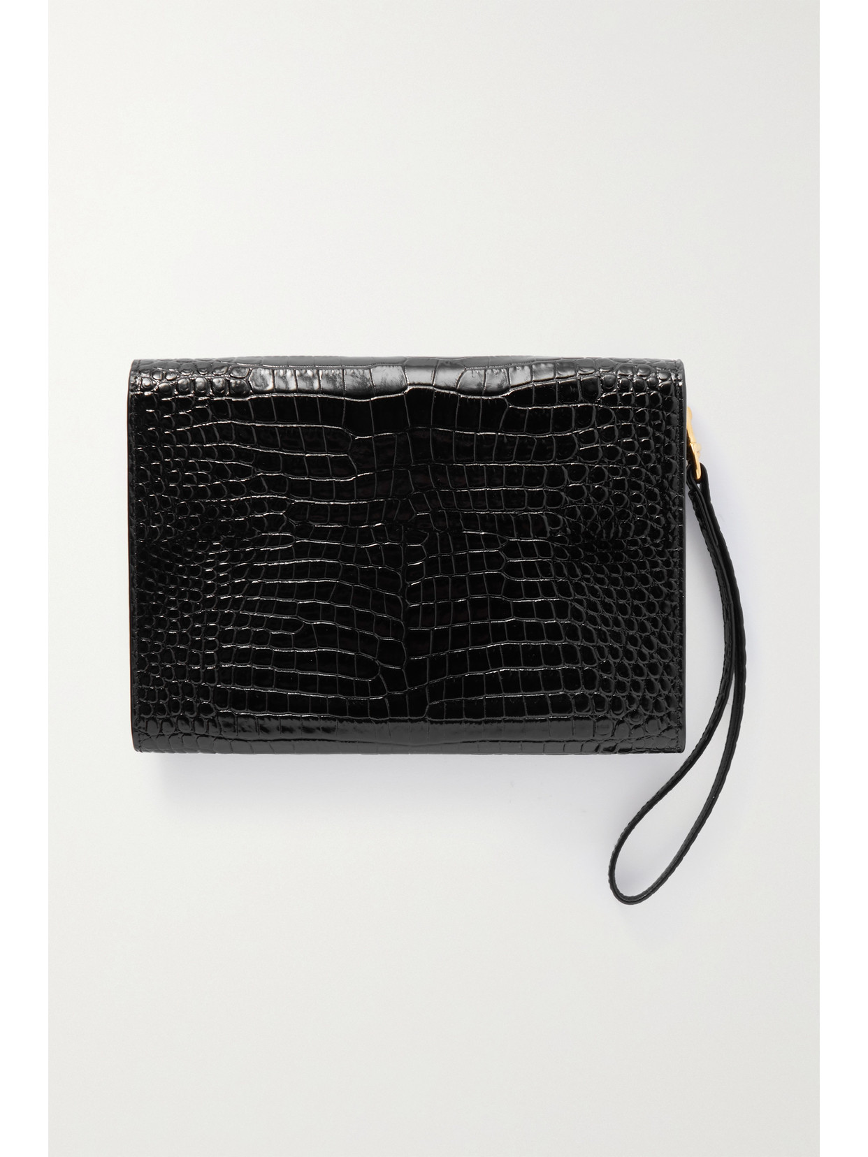 Shop Saint Laurent Glossed Croc-effect Leather Clutch In Black