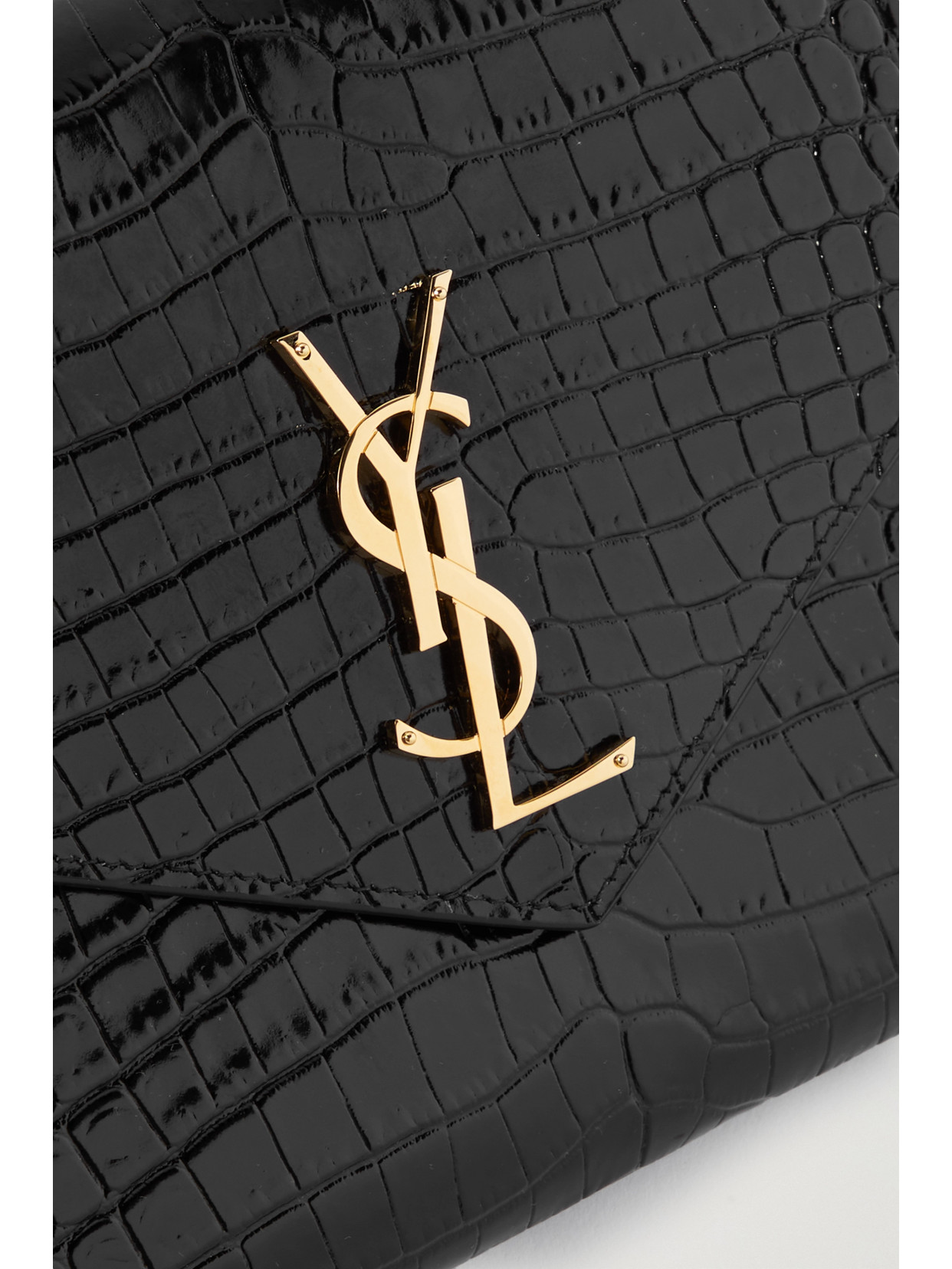 Shop Saint Laurent Glossed Croc-effect Leather Clutch In Black