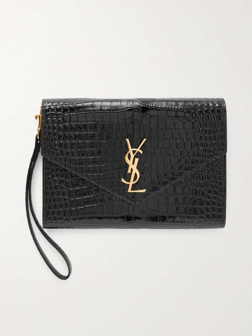 Saint Laurent Cassandre Glossed Croc-effect Leather Pouch