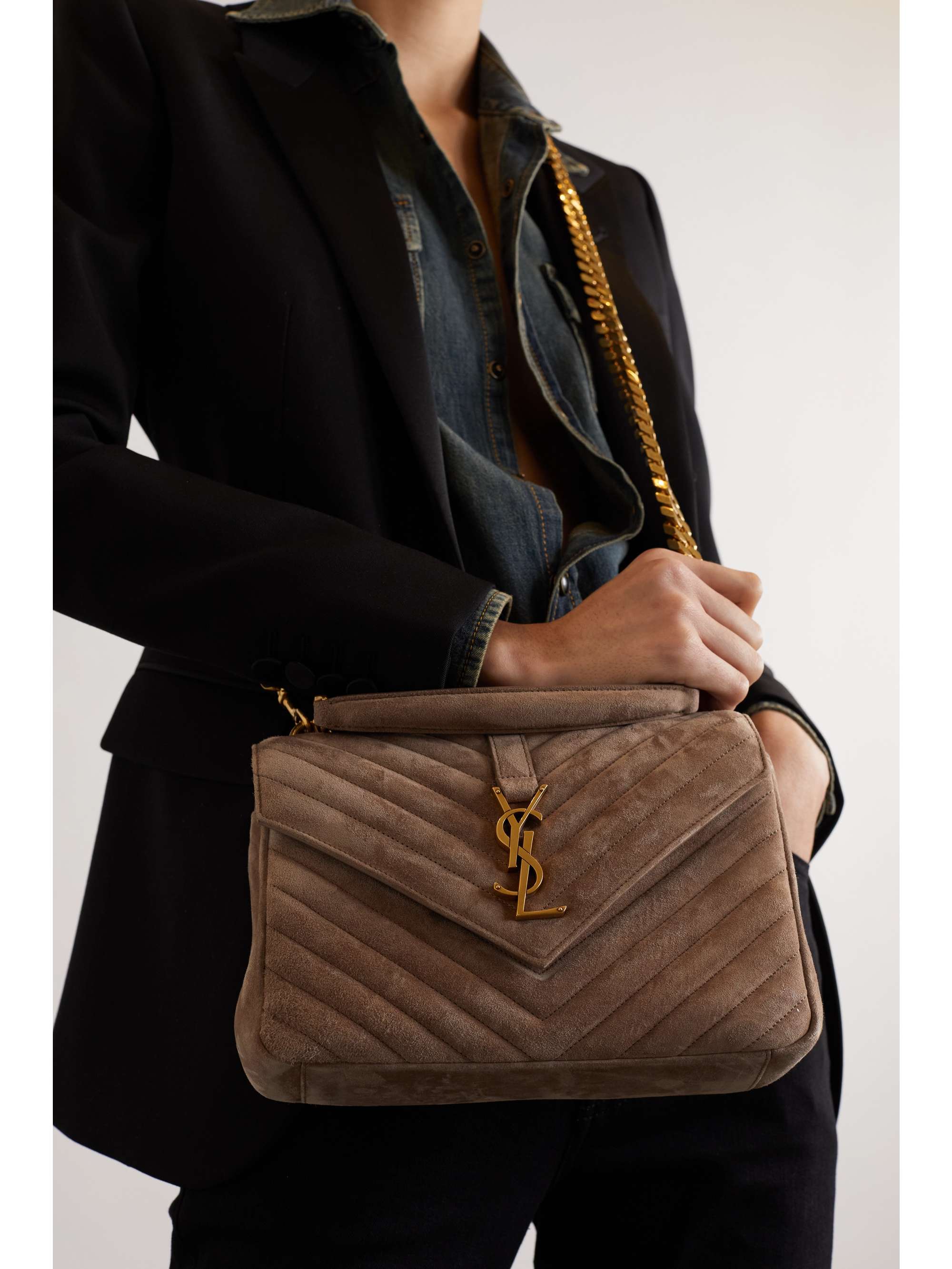 SAINT LAURENT College medium quilted suede tote