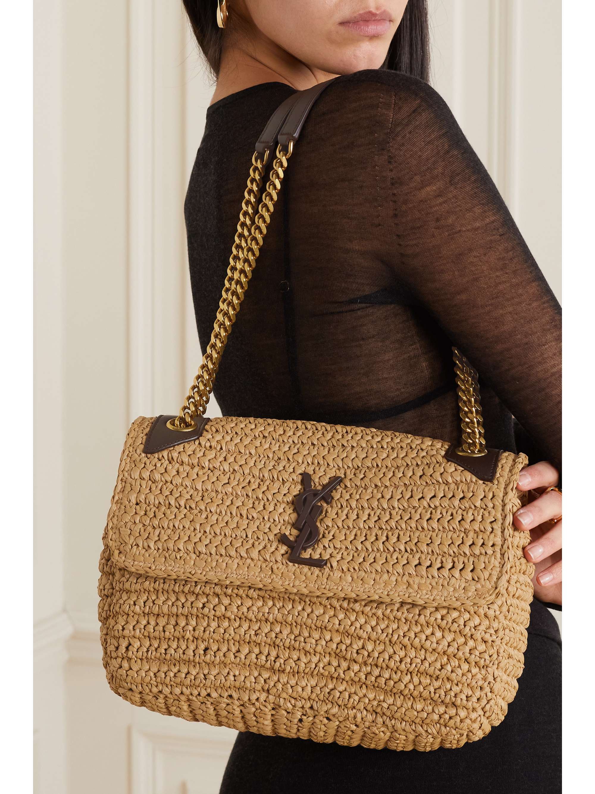 SAINT LAURENT Niki medium leather-trimmed raffia shoulder bag