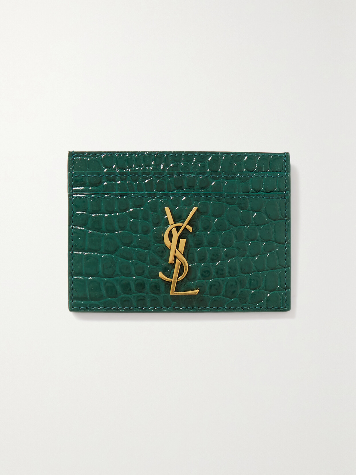 SAINT LAURENT - Embellished Croc-effect Leather Cardholder - Green