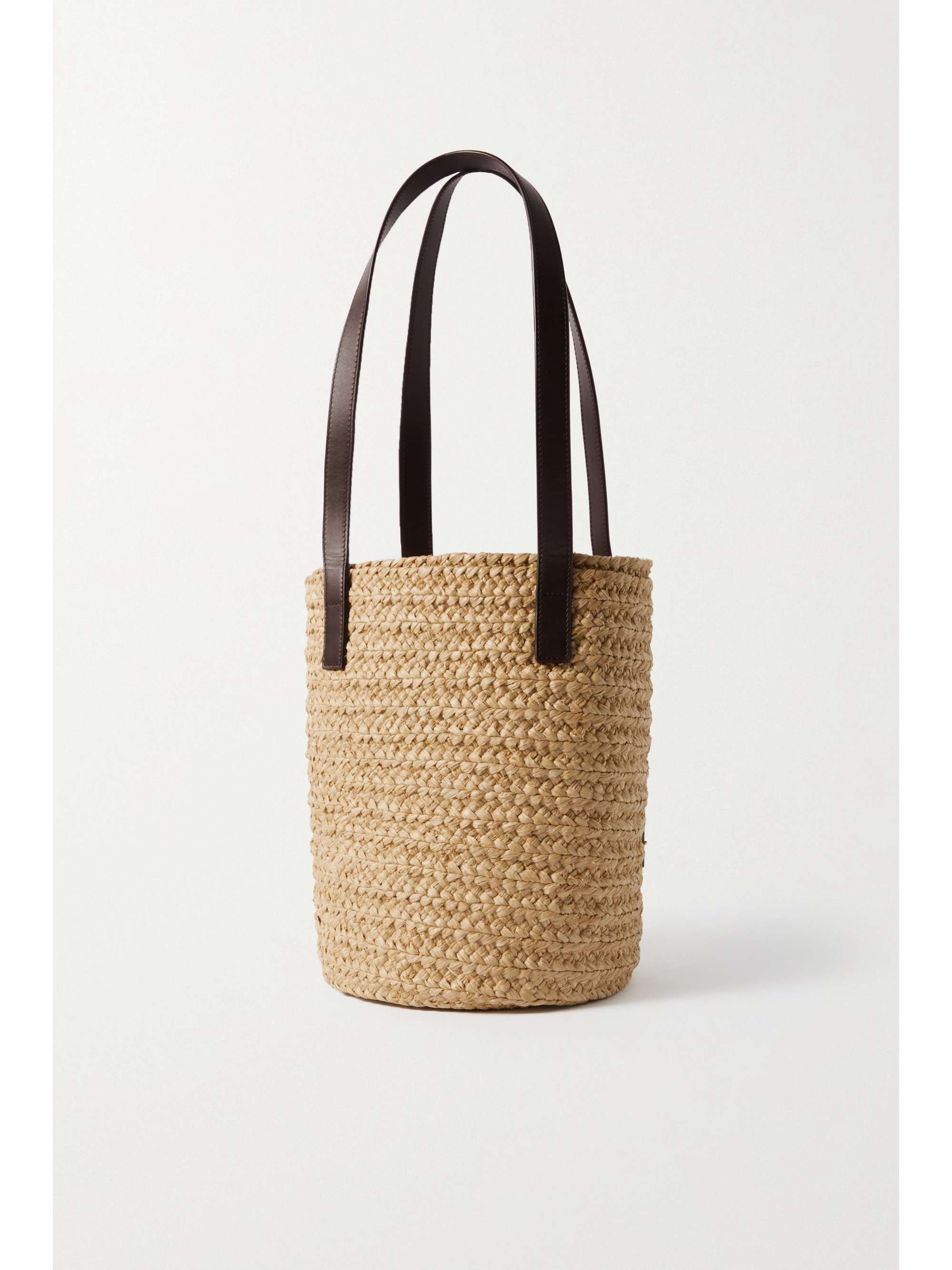 SAINT LAURENT Panier small leather-trimmed raffia tote