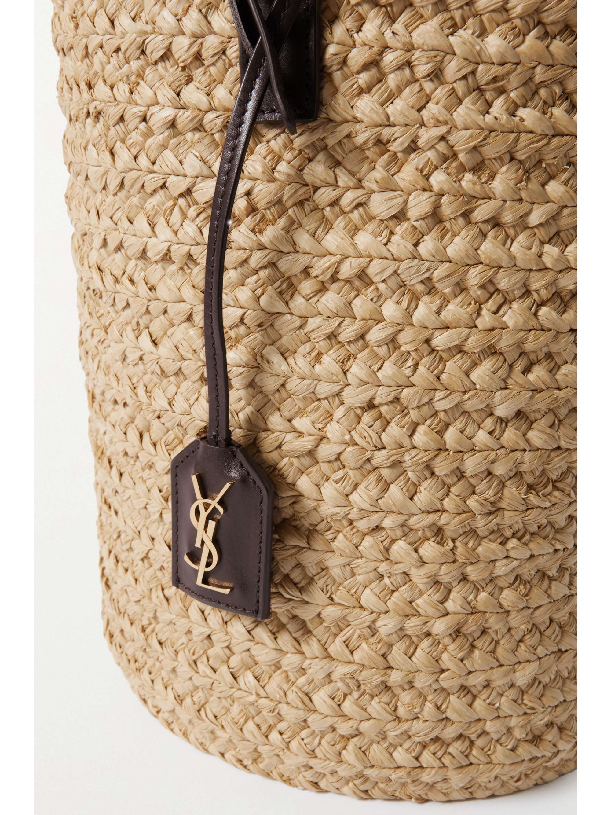 SAINT LAURENT Panier small leather-trimmed raffia tote