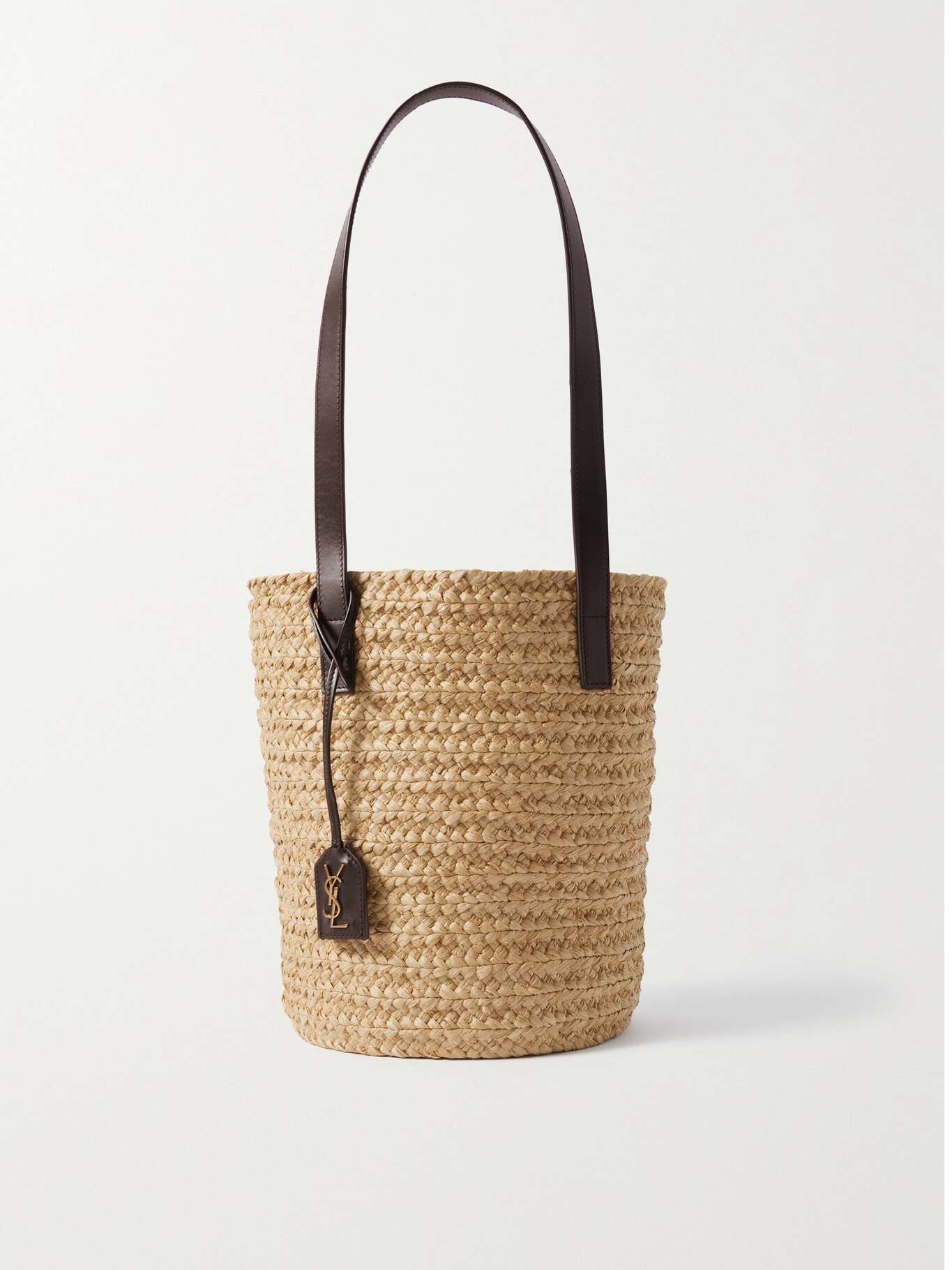 SAINT LAURENT Panier small leather-trimmed raffia tote