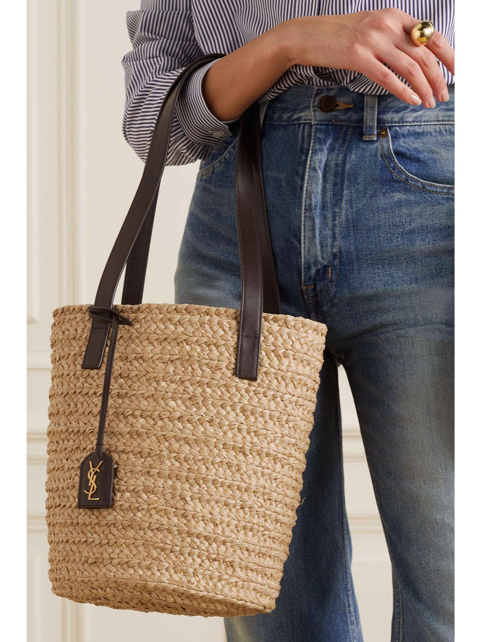 SAINT LAURENT Panier small leather-trimmed raffia tote