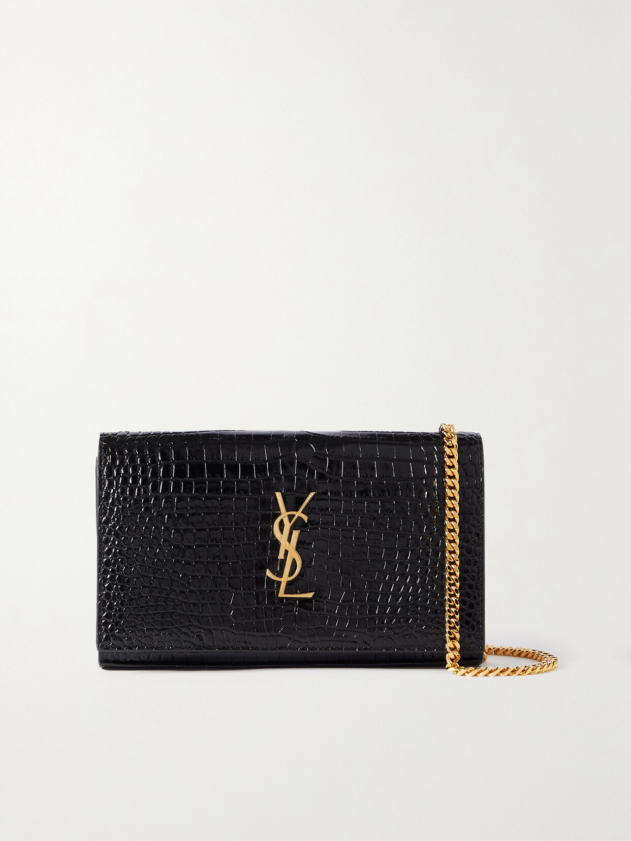 SAINT LAURENT - Cassandre Glossed Croc-effect Leather Shoulder Bag - Black