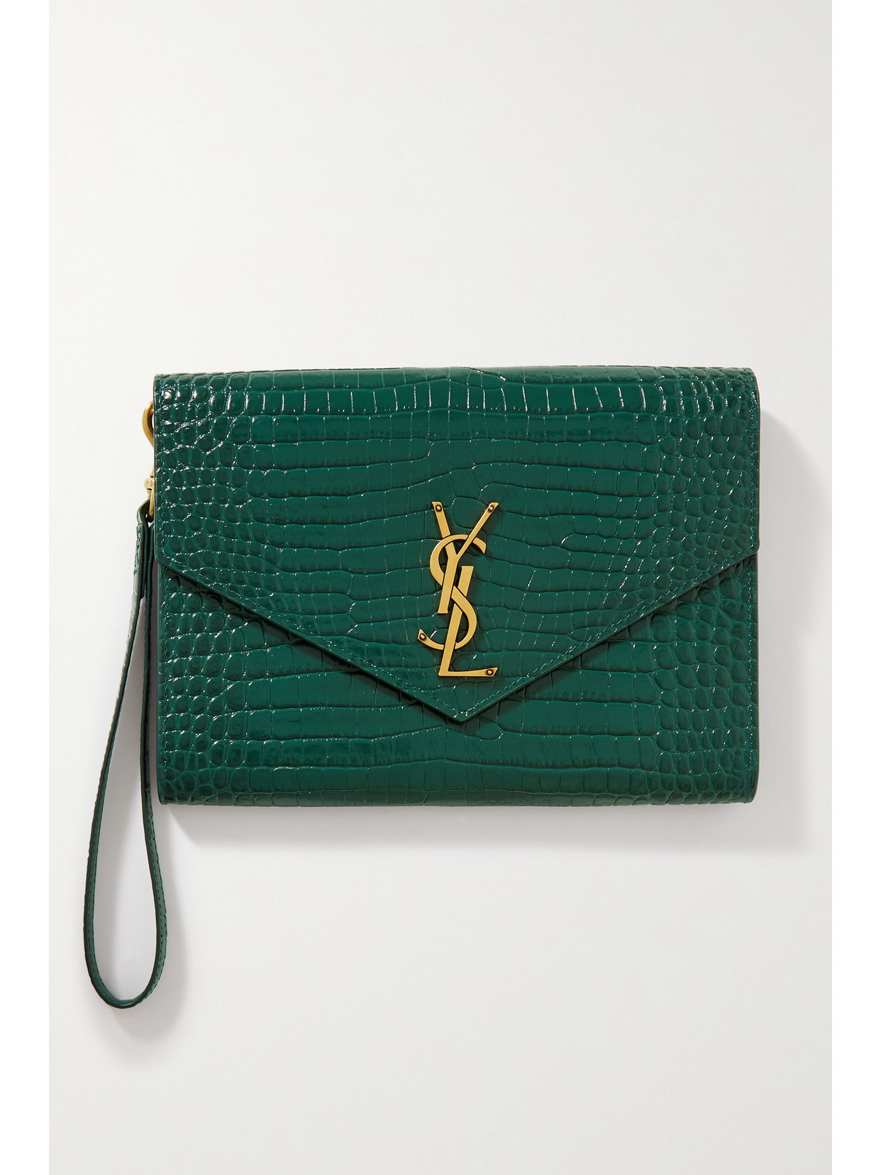 SAINT LAURENT - Embellished Croc-effect Leather Clutch - Green