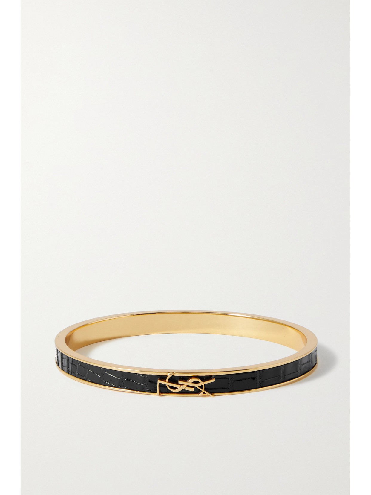 Saint Laurent Opyum Gold-tone And Croc-effect Leather Bangle In Black