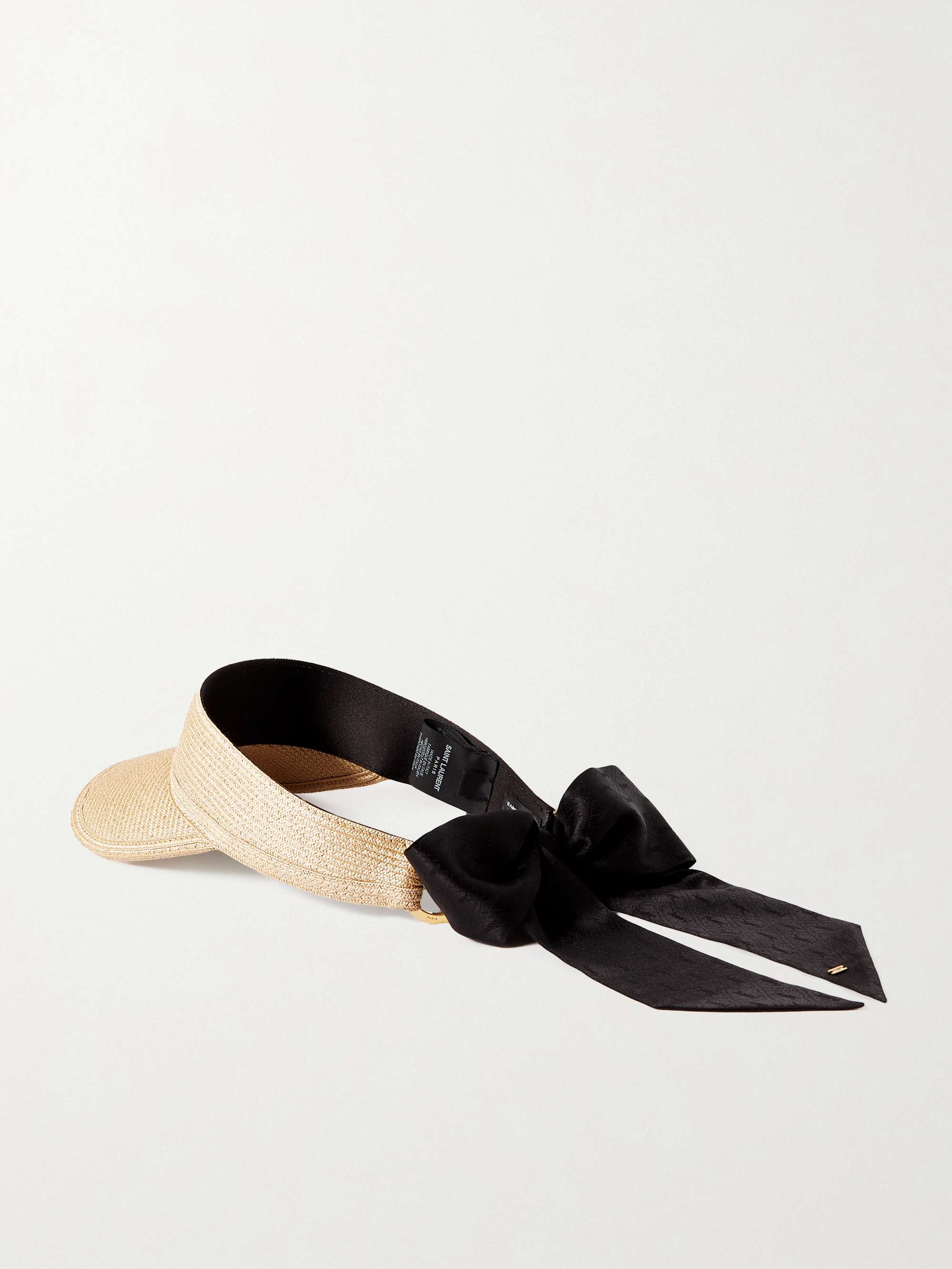 SAINT LAURENT Embellished silk-trimmed straw-effect visor