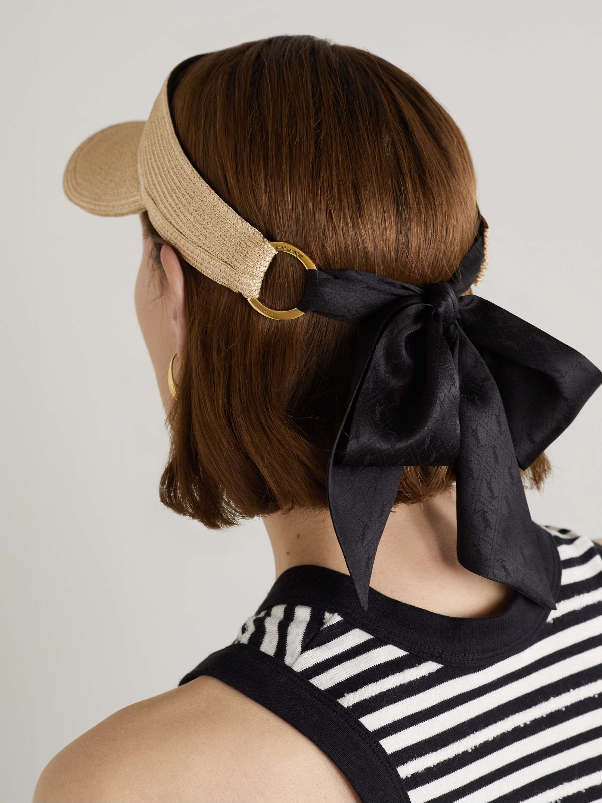 SAINT LAURENT Embellished silk-trimmed straw-effect visor