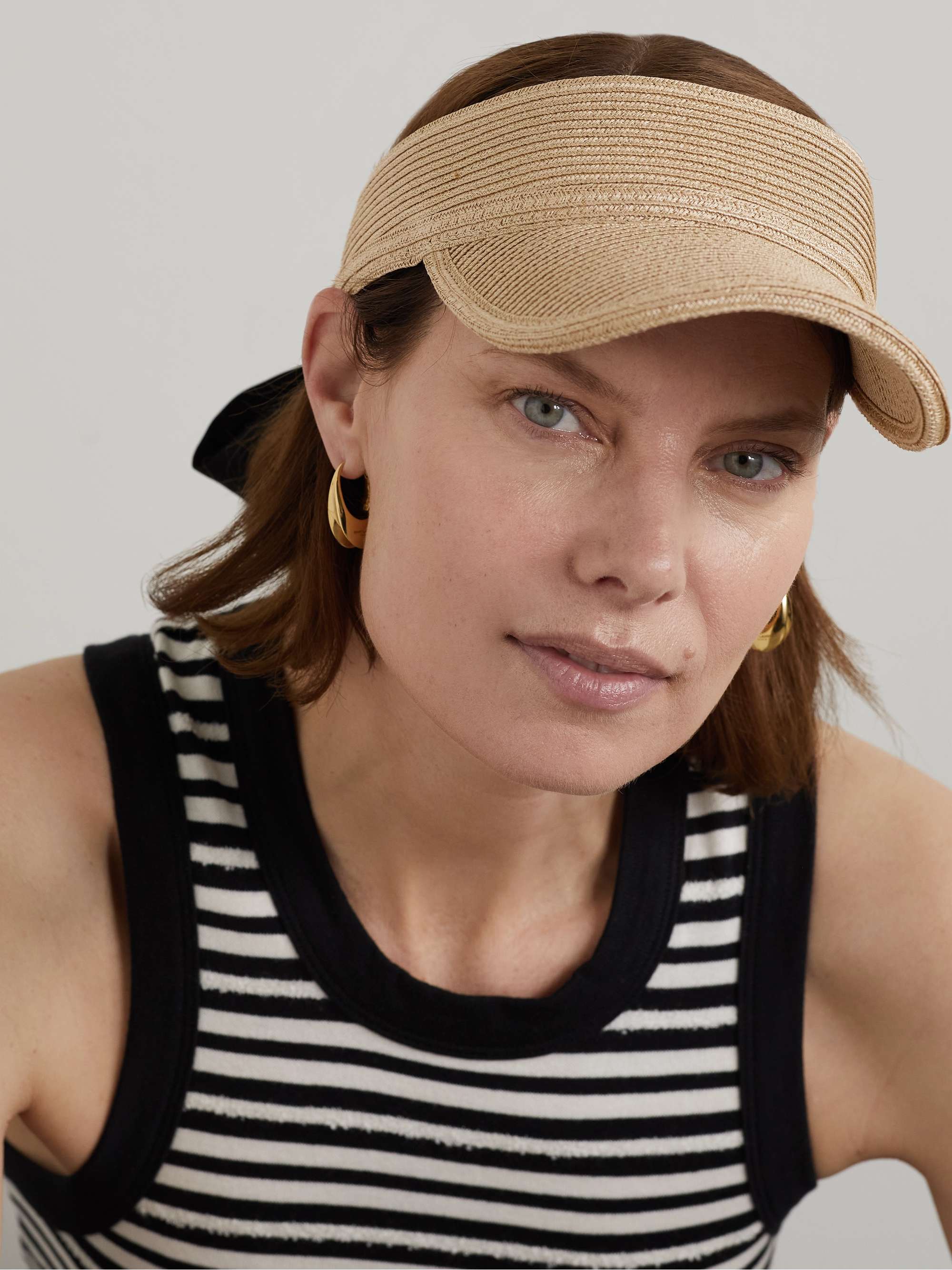SAINT LAURENT Embellished silk-trimmed straw-effect visor