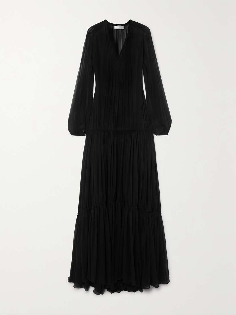 SAINT LAURENT Tiered Pleated Silk-chiffon Gown