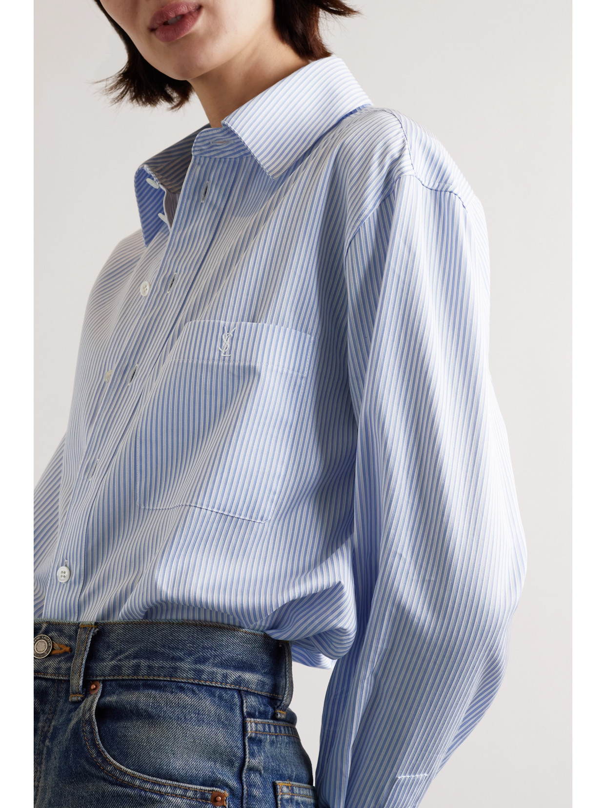 Saint Laurent Embroidered Striped Cotton-poplin Shirt In White