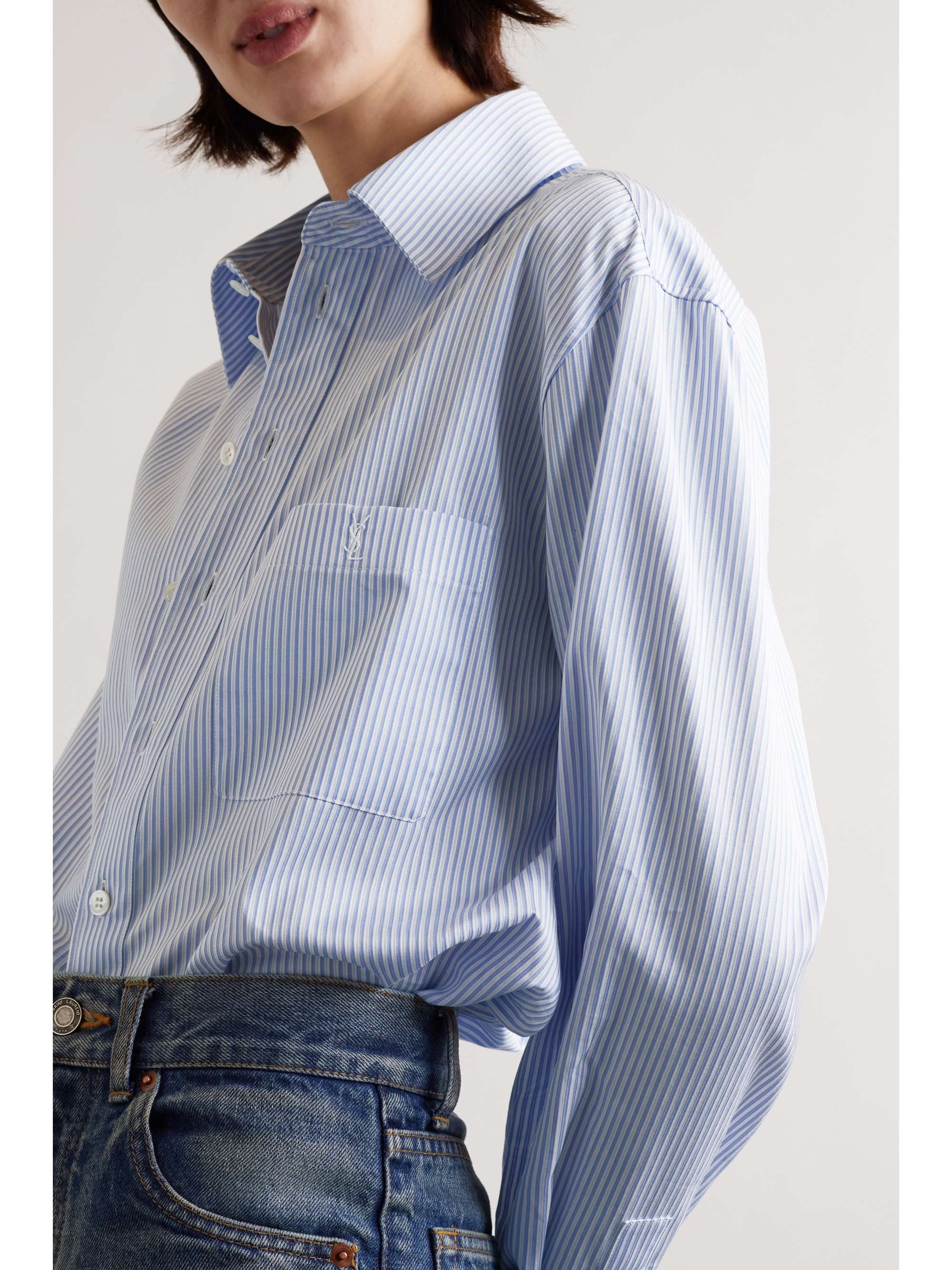 SAINT LAURENT Embroidered striped cotton-poplin shirt