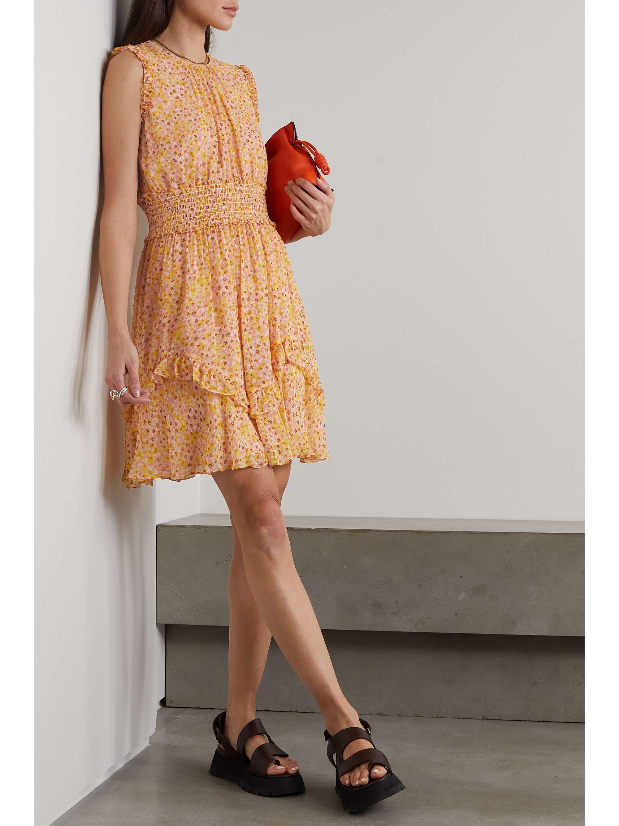 JASON WU Smocked ruffled floral-print silk-chiffon mini dress