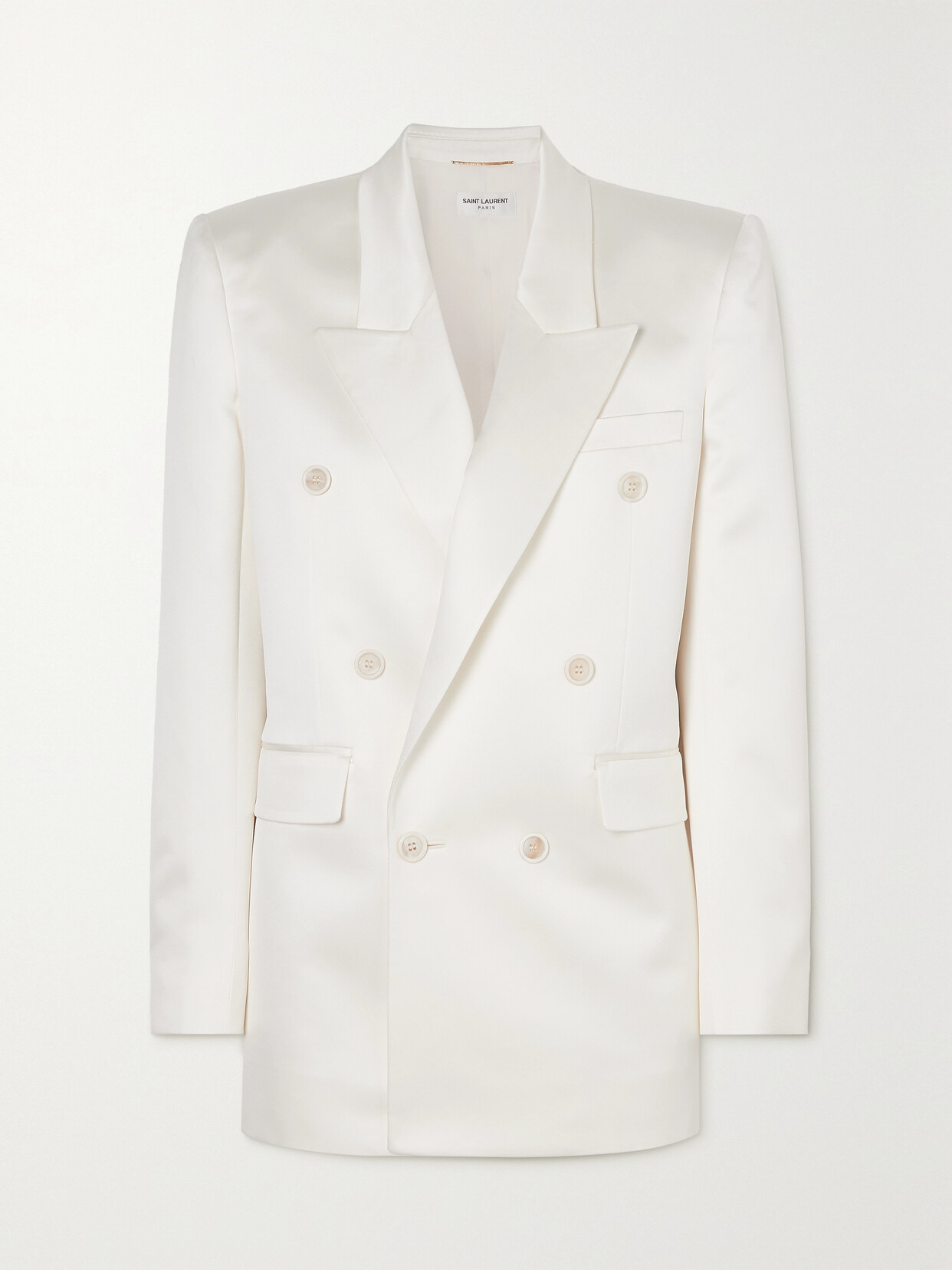 Shop Saint Laurent Double-breasted Silk-satin Blazer In White