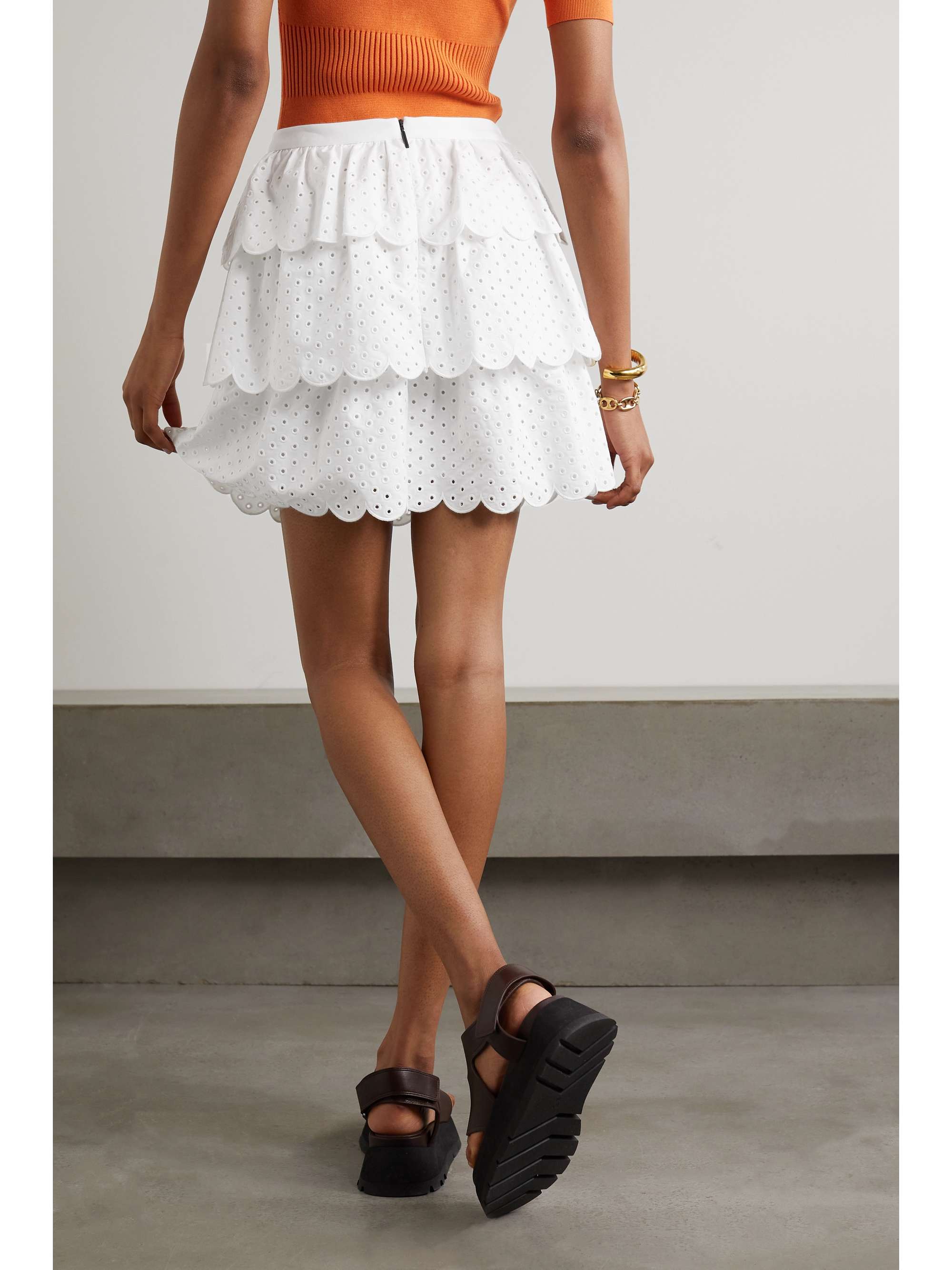 JASON WU Scalloped tiered broderie anglaise cotton-blend mini skirt ...